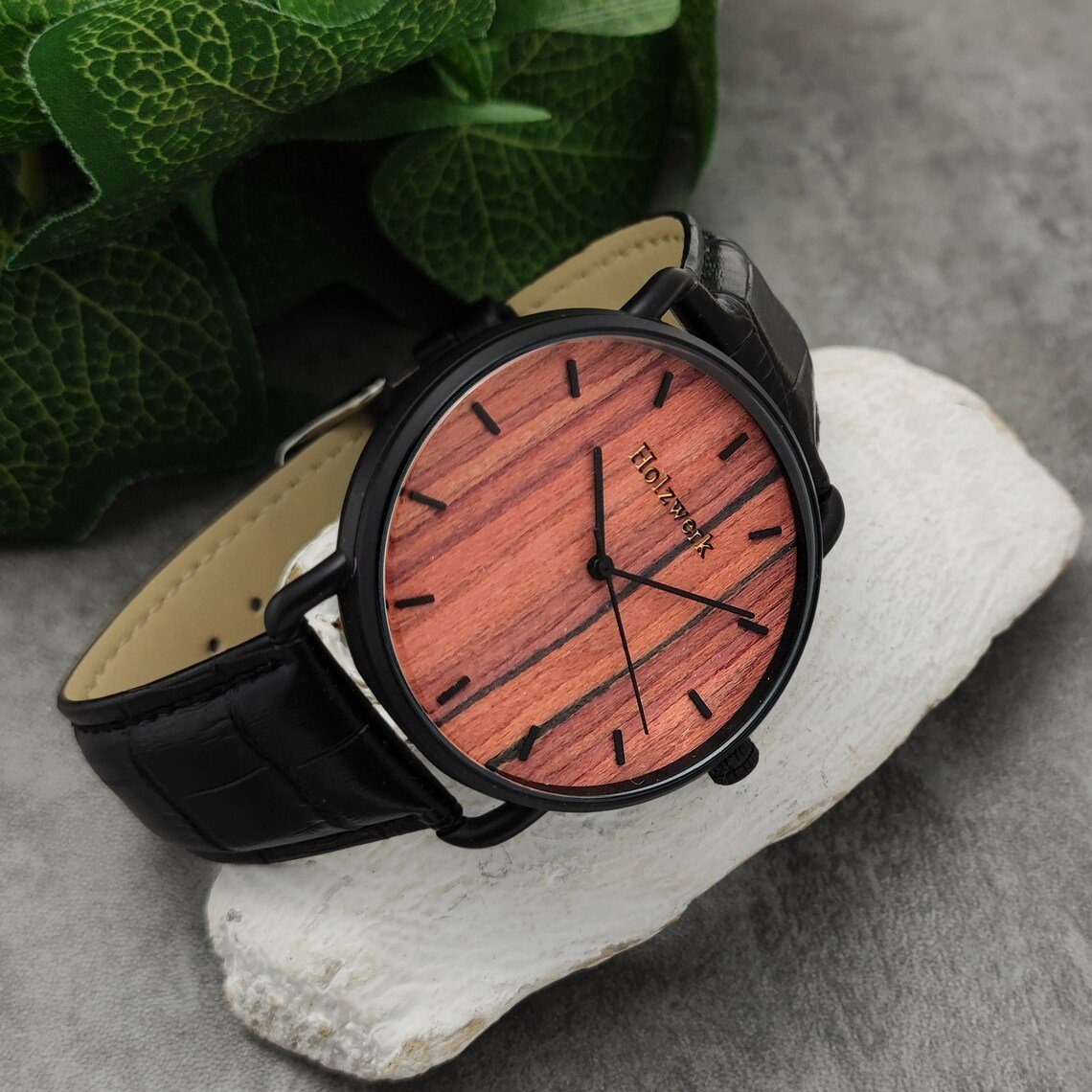 Holzwerk Quarzuhr GEHRDEN Damen und Herren Leder & Edelstahl Holz Uhr in schwarz, braun