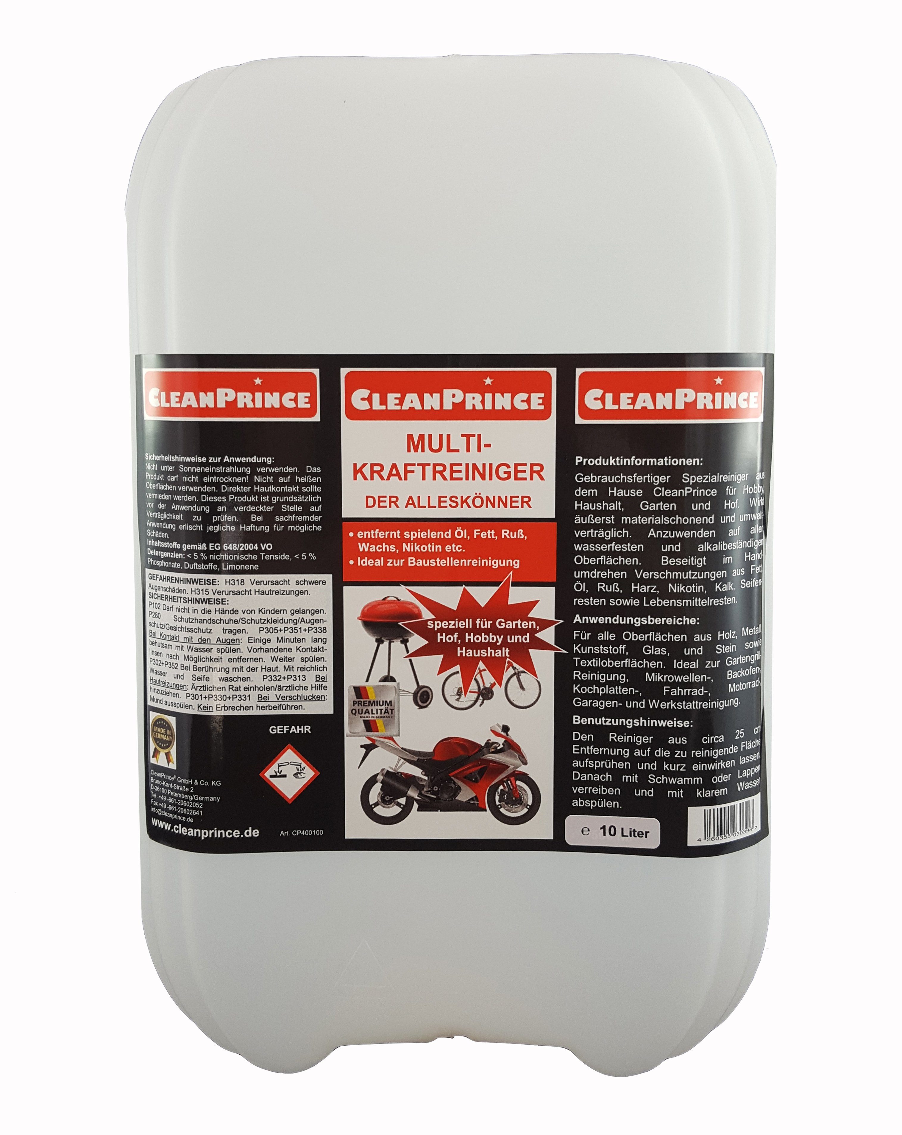 CleanPrince Multi - Kraft - Reiniger, Motorrad Werkstatt Fahrrad Haushalt Zweiradreiniger (löst Fett, Öl, Ruß, Harz, Nikotin)