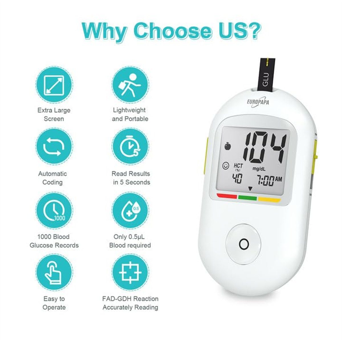 EUROPAPA Blutzuckermessgerät Blutzuckermessgerät für Blutzuckers Selbstkontrolle, 10 Stk Blutzuckerteststreifen und 10 Stk Blutlanzetten und Stechhilfe, Blutzuckermesssystem Diabetes-Set mg/dL