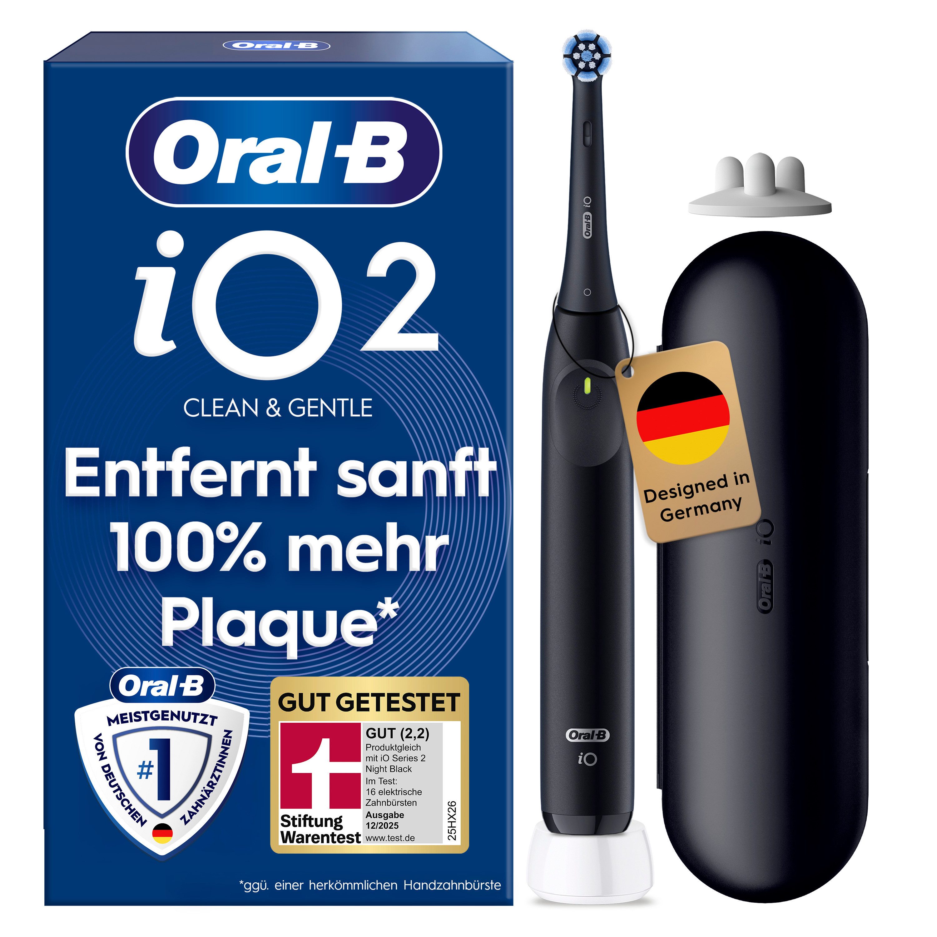 Oral-B Elektrische Zahnbürste iO Series 2, Aufsteckbürsten: 1 St., für die sanfte Reinigung, Reise-Etui, Aufsteckbürstenhalter