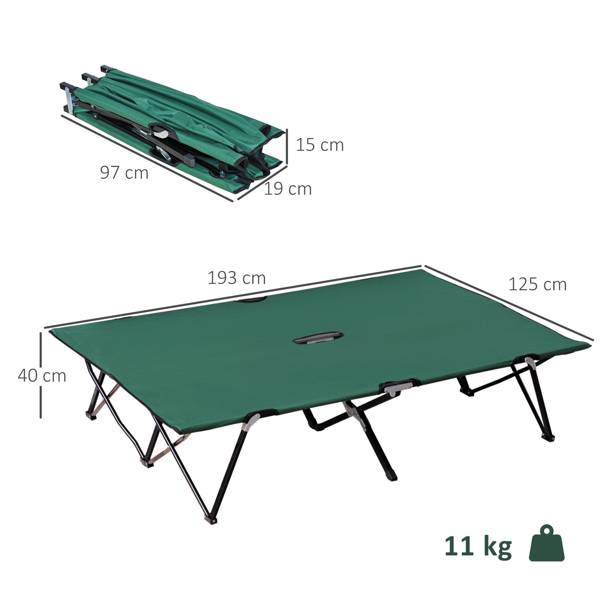Outsunny Feldbett Klappbar 2 Personen mit Tragetasche bis 136 kg belastbar (Klappbett, 1-St., Campingbett) für Garten, Balkon, Schwarz+Grün