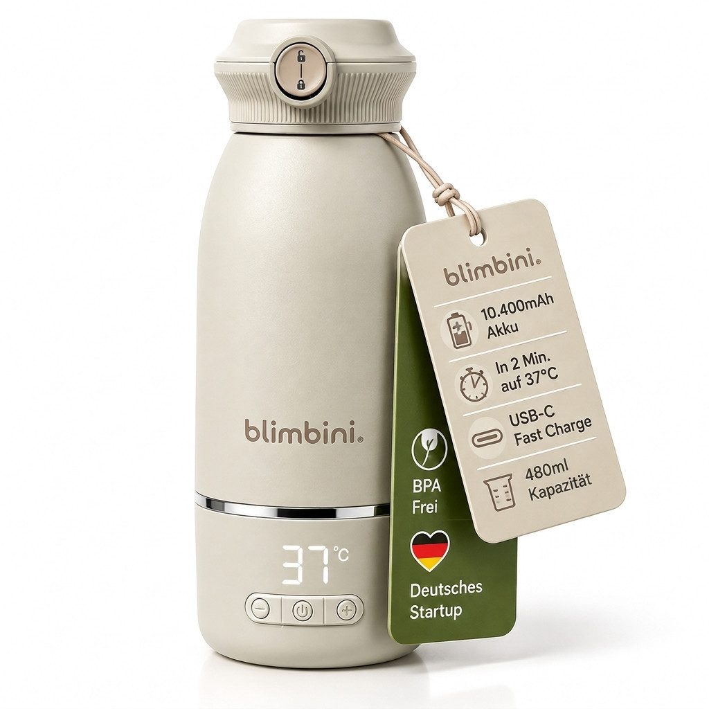 blimbini® Babyflaschenwärmer Pro Max tragbarer Flaschenwärmer Baby unterwegs mit Akku & USB-C, inkl. Schnelllade-Netzteil und USB-C Kabel