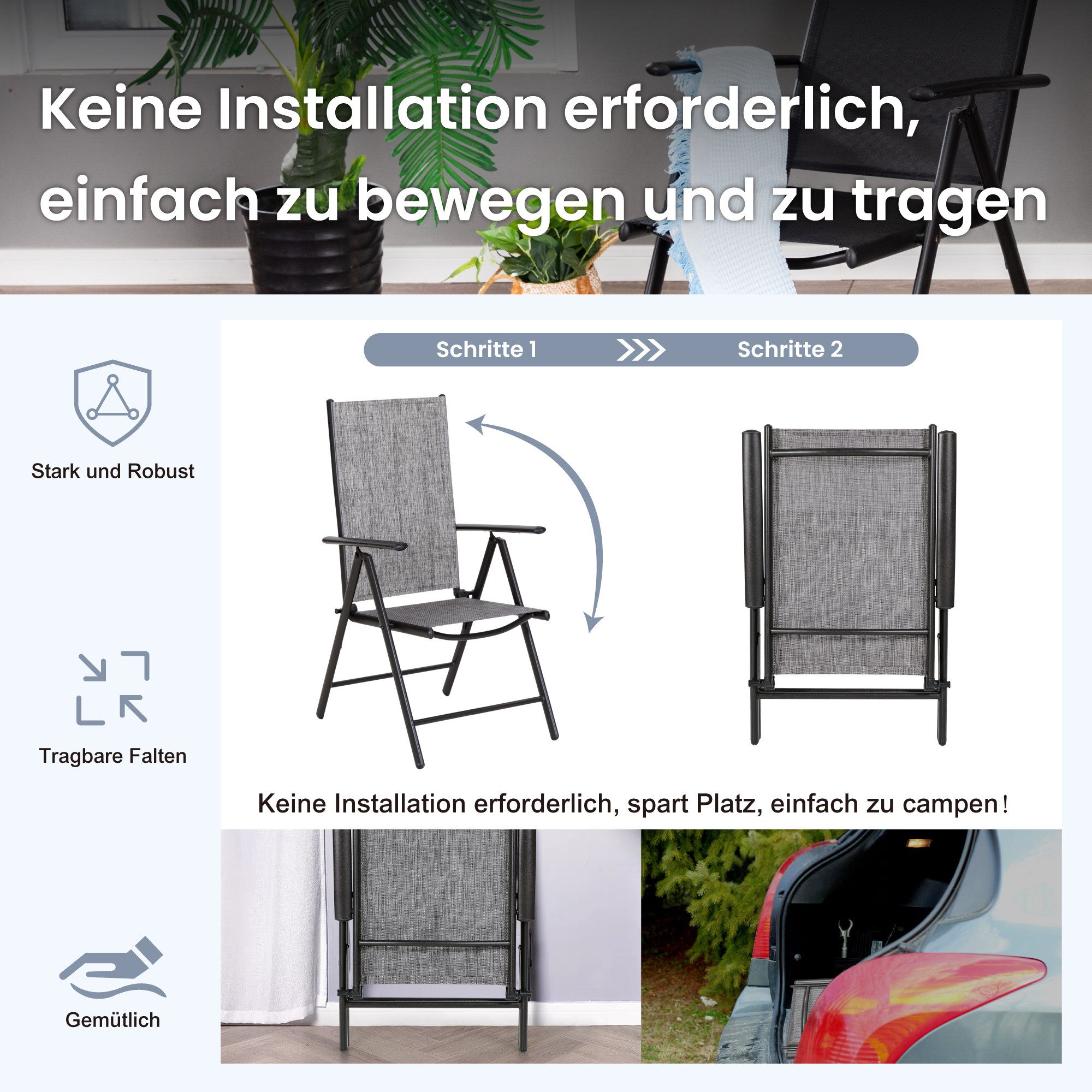 PHI VILLA Garten-Essgruppe, (6 Verstellbar mit 7 Sitzpositionen Gartenstühle klappbar, Terrassenmöbel Balkonmöbel Gartengarnitur Gartenmöbel Set), Wetterfest Garten Sitzgruppe