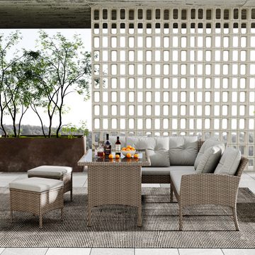 REDOM Gartenlounge-Set 7-Sitzer L-förmiges Gartenmöbel, für 7 Personen, mit Sofa, Tisch, Hocker & Kissen