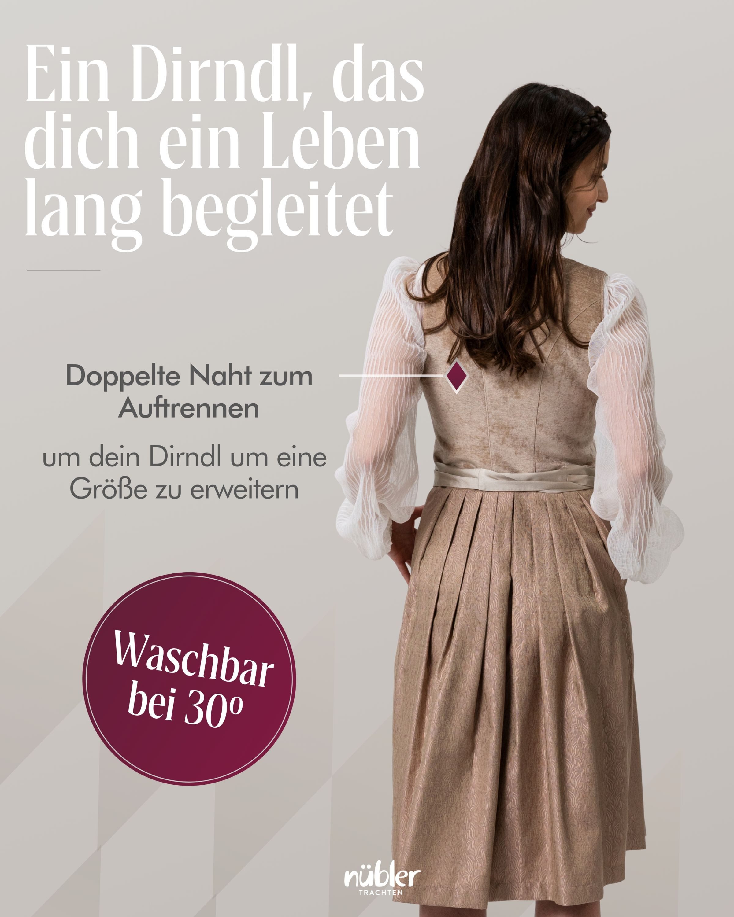 Nübler Trachtenkleid Midi Dirndl Klarissa in Karamellbeige von Nübler - Rocklänge 60 cm