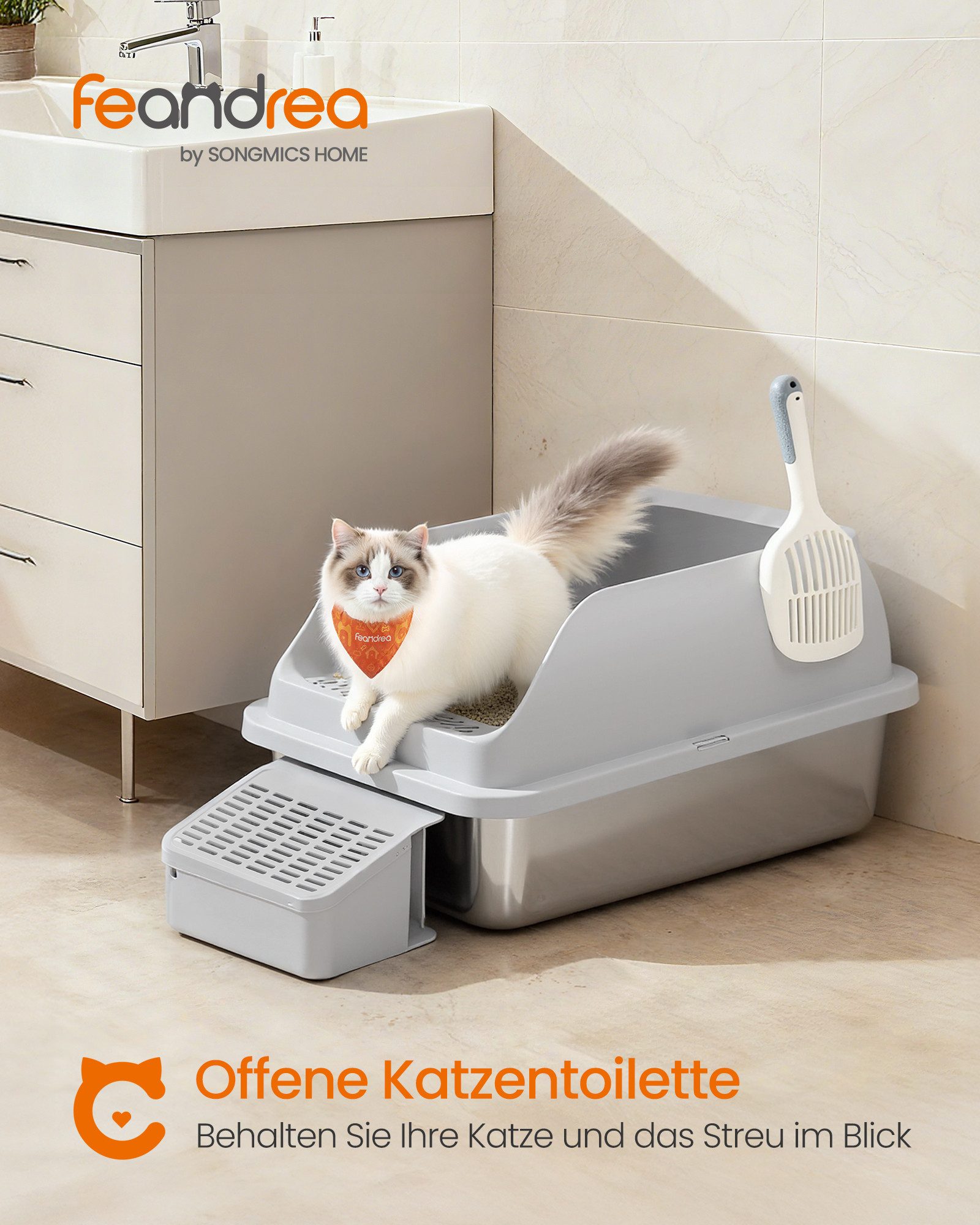 FEANDREA Katzentoilette Edelstahl, mit hohen Seitenwänden, Trittstufe, Schaufel, Bürste, offenes Design, für Katzen bis zu 15 kg, 62 x 42 x 30 cm (L x B x H)