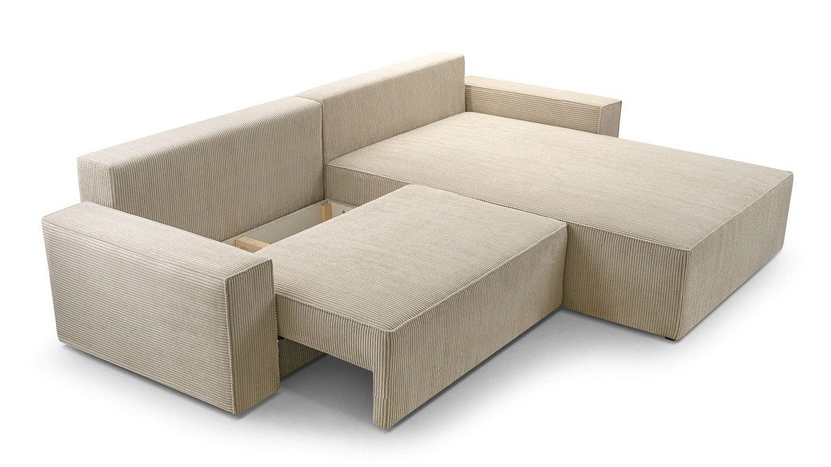 Wohnzimmer montierbar - 135) Cord Ecksofa beidseitig 297x85x185cm, Eckcouch mane Sofagarnitur MOEBLO Schlafsofa Bettkasten DENVER, für und (Poso Sofa mit Schwarz Schlaffunktion Cordstoff L-Form Couch