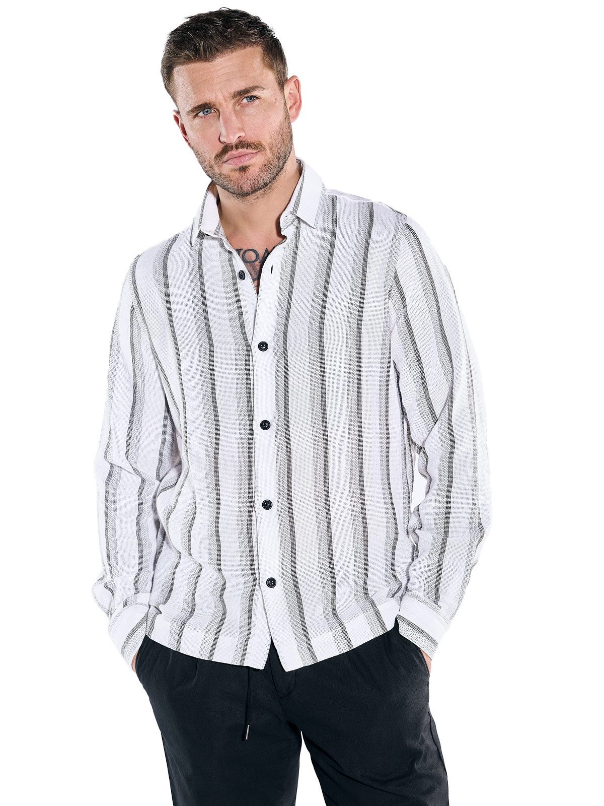 emilio adani Langarmhemd Herren Overshirt gestreift, Creme