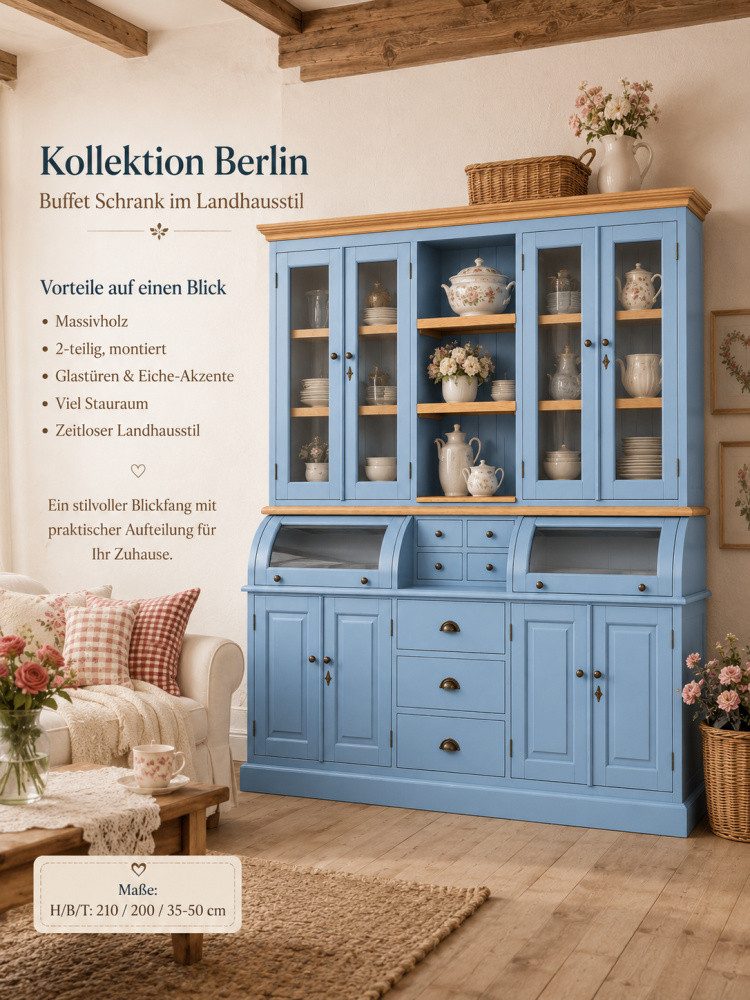 Wohnpalast Buffet Buffet Schrank Berlin 200 cm Blau mit Eiche- Landhaus Möbel