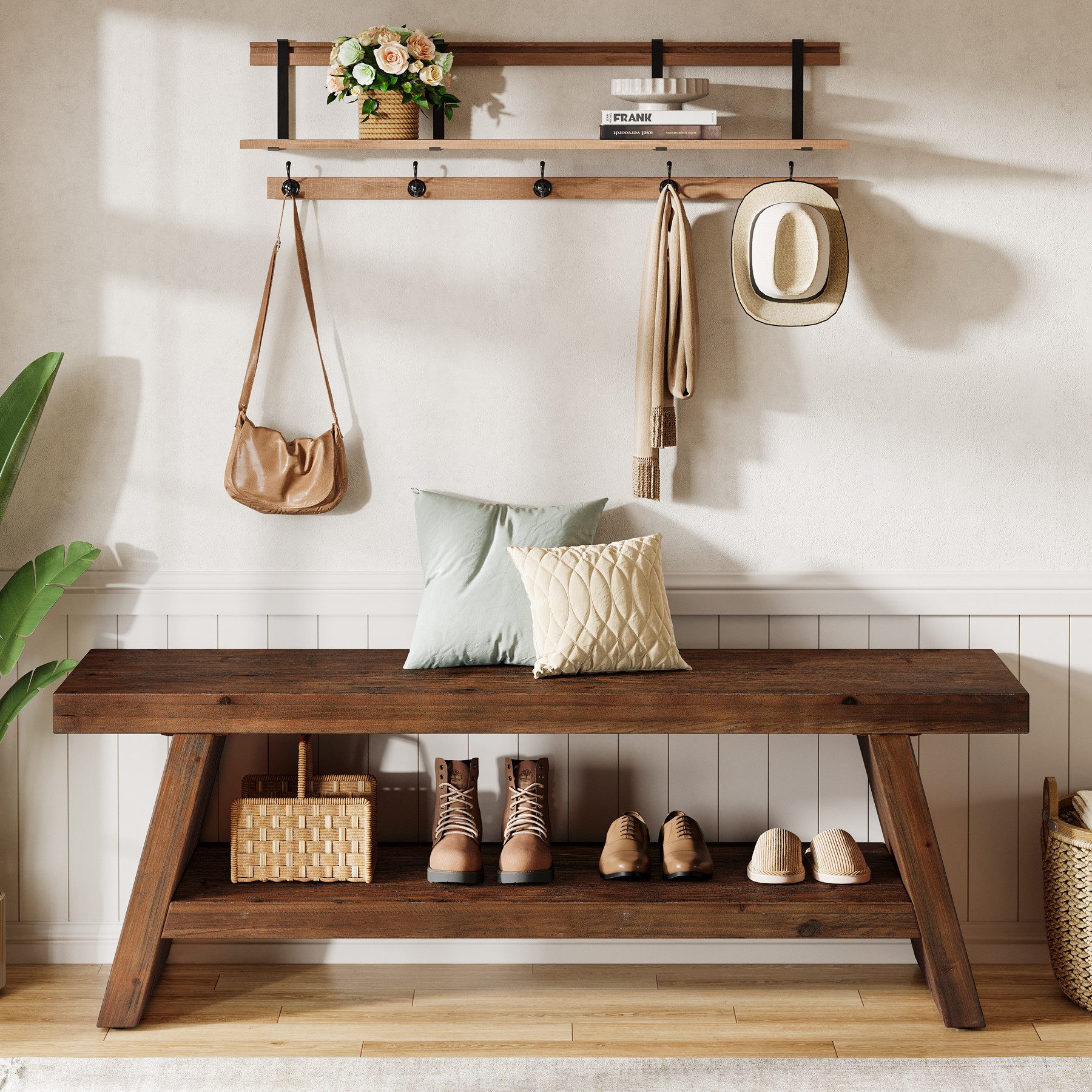 Tribesigns Schuhbank 2-stöckige Eingangsbank, 120 cm Sitzbank, Aufbewahrungsbank aus Holz (im Landhausstil für den Innenbereich, Wohnzimmer, Esszimmer, Schlafzimmer)