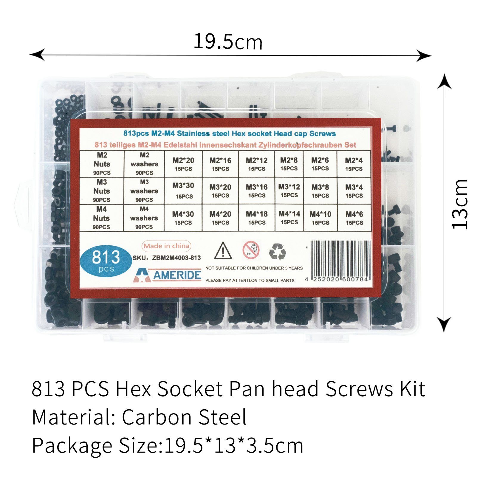 Muttern Natsen (813 M3 St), Zylinderschrauben Innensechskant Schwarz Kohlenstoffstahl Sortiment M4 M2 813pcs Schrauben-Set, Set, Schrauben