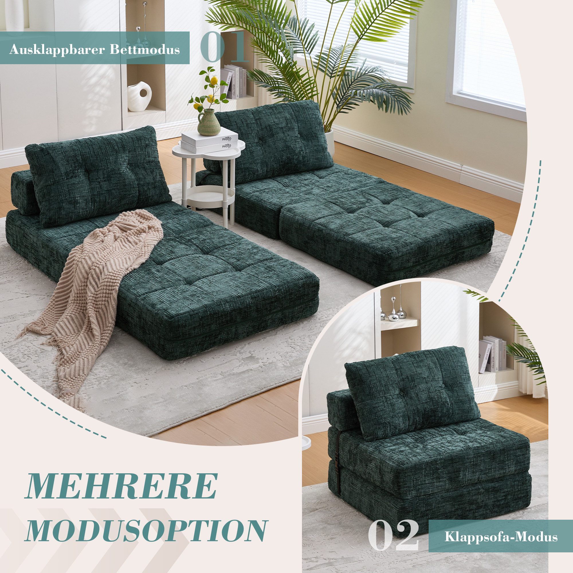 Totnz Schlafsofa Klappbares Schlafsofa 2-in-1 mit Bettfunktion, hochdichter Schaumstoff, Kopf- und Lendenkissen mit Fixierung
