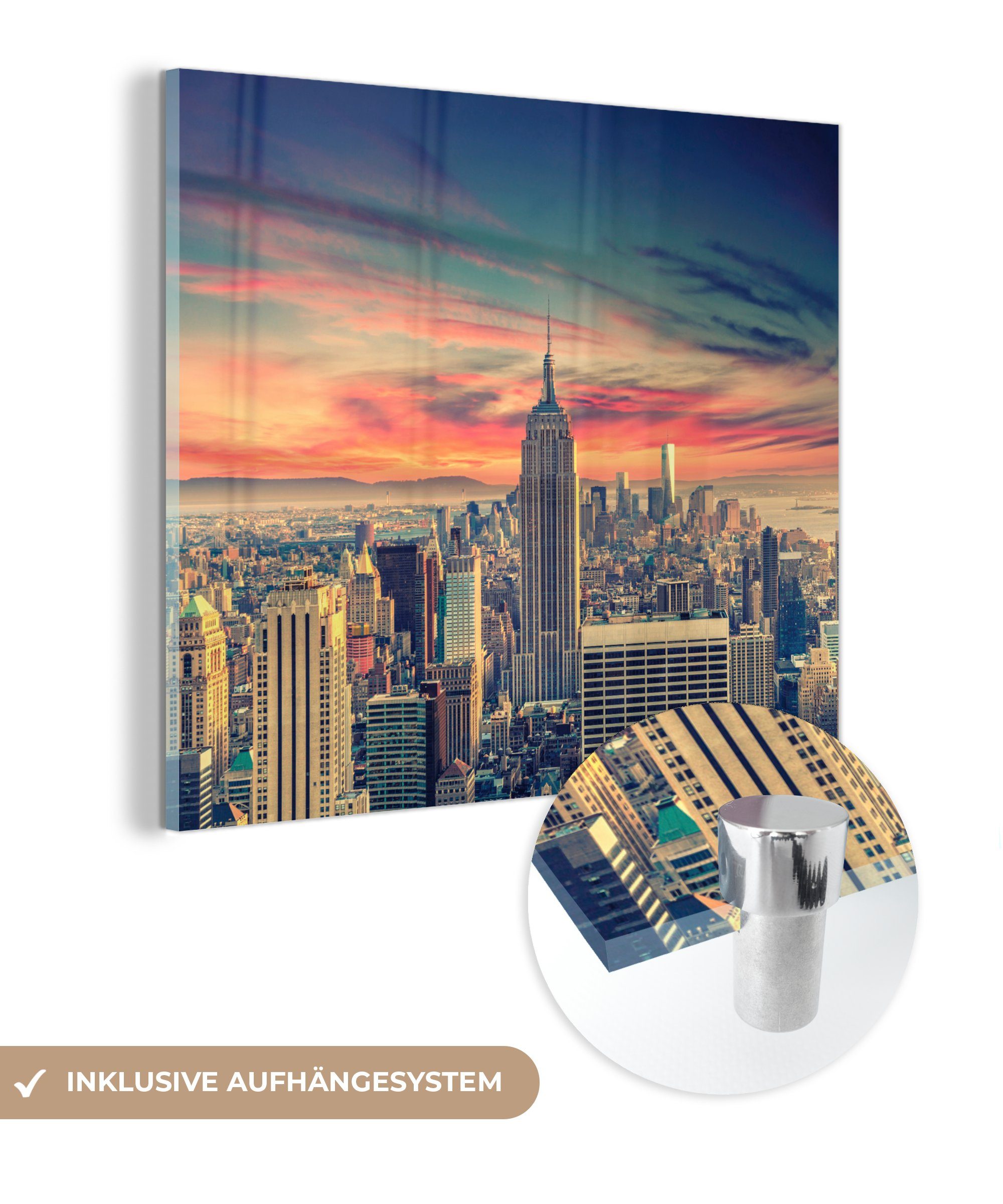 MuchoWow Acrylglasbild Bunter Himmel in der Nähe des Empire State Building, (1 St), Glasbilder - Bilder auf Glas Wandbild - Foto auf Glas - Wanddekoration