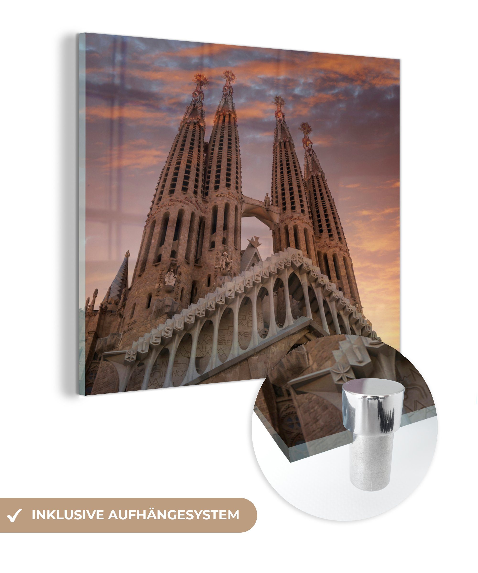 MuchoWow Acrylglasbild Die Kathedrale Wanddekoration Foto Sonnenuntergang, Wandbild (1 Familia bei Glas Glas auf Bilder Barcelona - auf Sagrada Glasbilder - in St), 