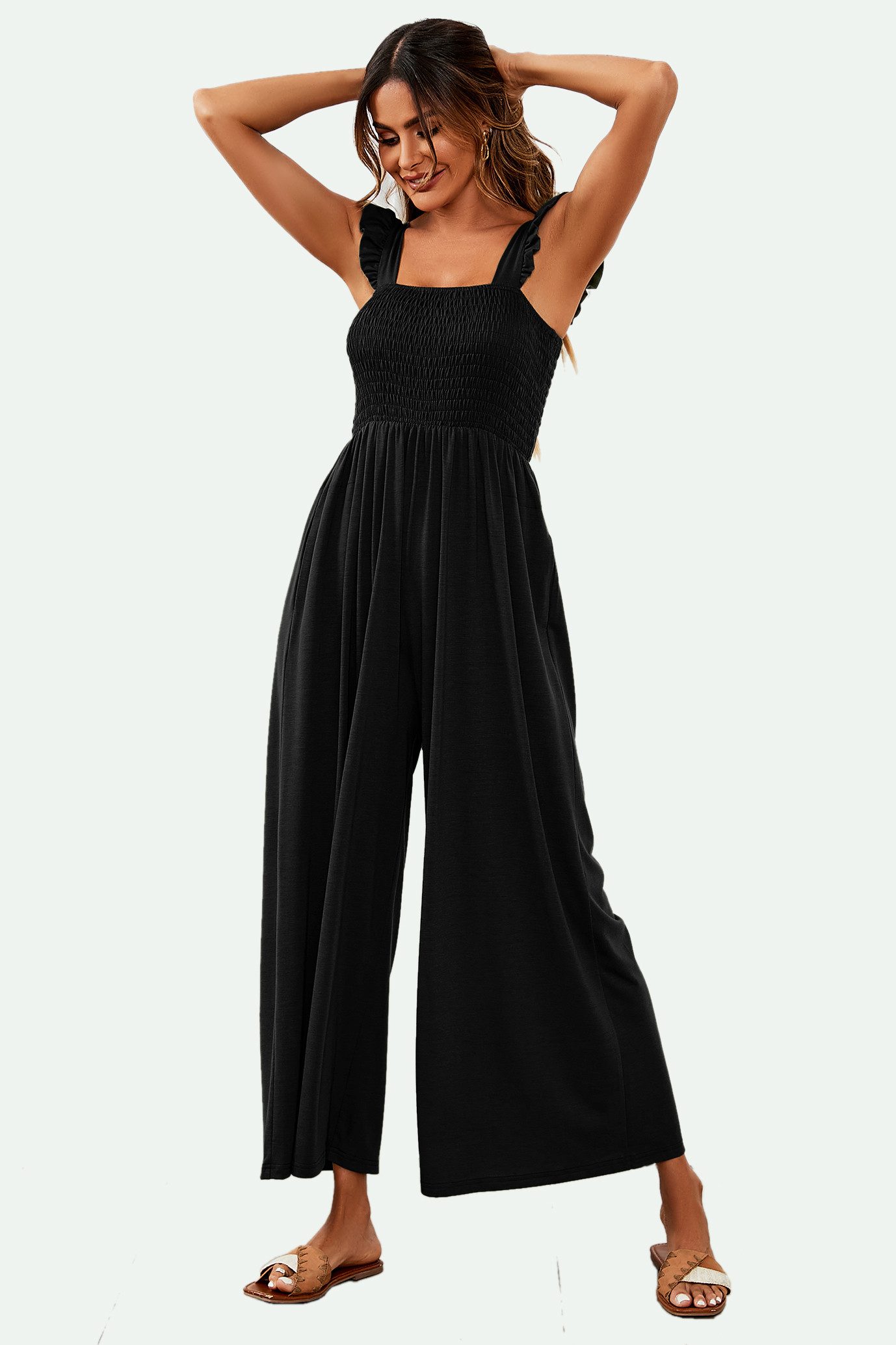 FS Collection Jumpsuit Damen Jumpsuit Stretch mit Smokdetails & weitem Bein - Trendy (Einheitsgröße: XS (EU:36 / UK:8) · S (EU:38 / UK:10) · M (EU:40 / UK:12) · L (EU:42 / UK:14) · XL (EU:44 / UK:16), 2 Farben: Olivgrün und Schwarz) 95% Polyester, 5% Elastane – weicher Jersey, elastisch, formstabil