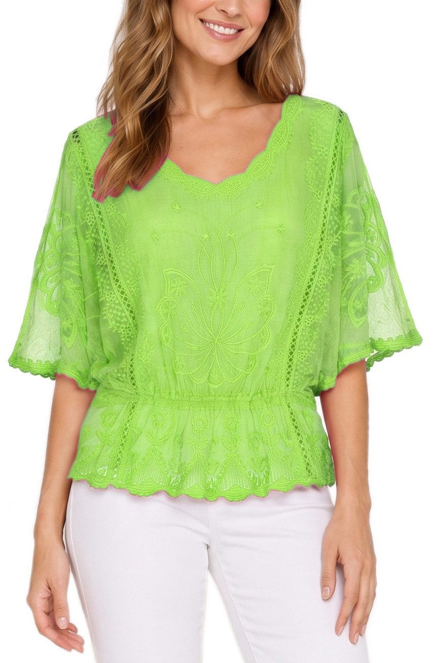 dy_mode Damen Sommerbluse mit Spitze Kurzarm Oberteil Einfarbig Transparent in Unifarbe, transparenten Ärmel