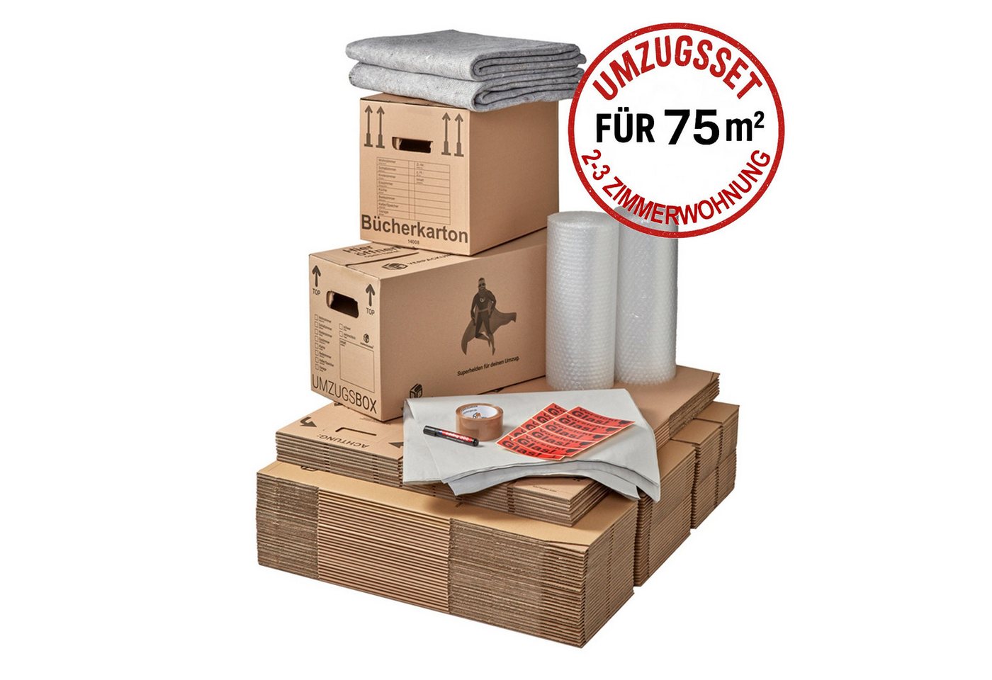 BB-Verpackungen Umzugskarton Umzugskomplettpaket Umzugsset, 2 bis 3 Zimmer-Wohnung, für 75 m²
