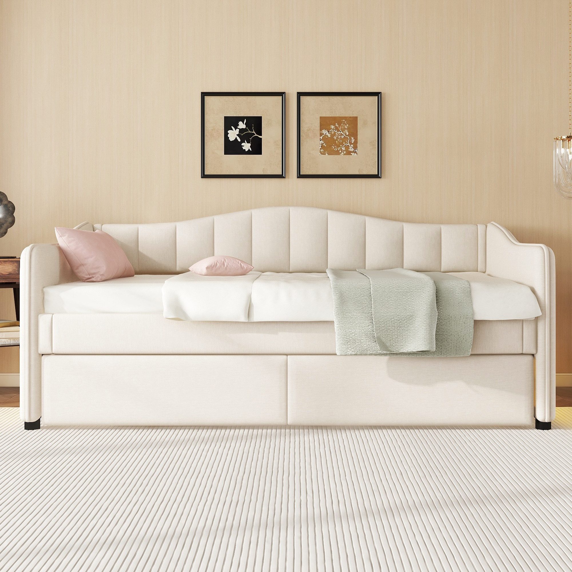 TavilaEcon Stapelbett Tagesbett mit ausziehbares Rollbett, 90x200cm, Leinen, LED-Beleuchtung auf beiden Seiten, Gepolsterte Rückenlehne, Beige