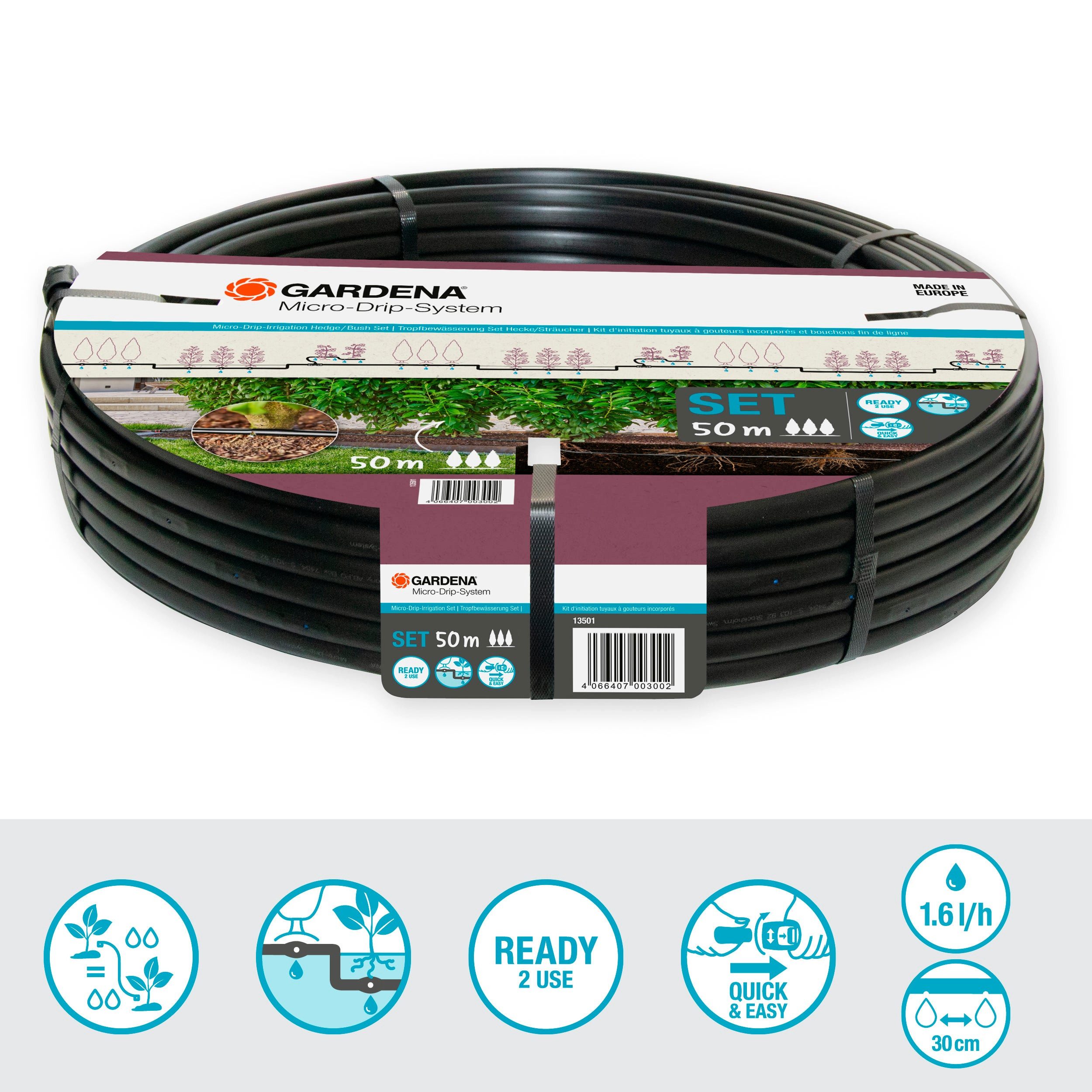 GARDENA Bewässerungssystem Micro-Drip-System Hecken/Büsche, 50 m, Wassersparende Tropfbewässerung von Hecken und Büschen