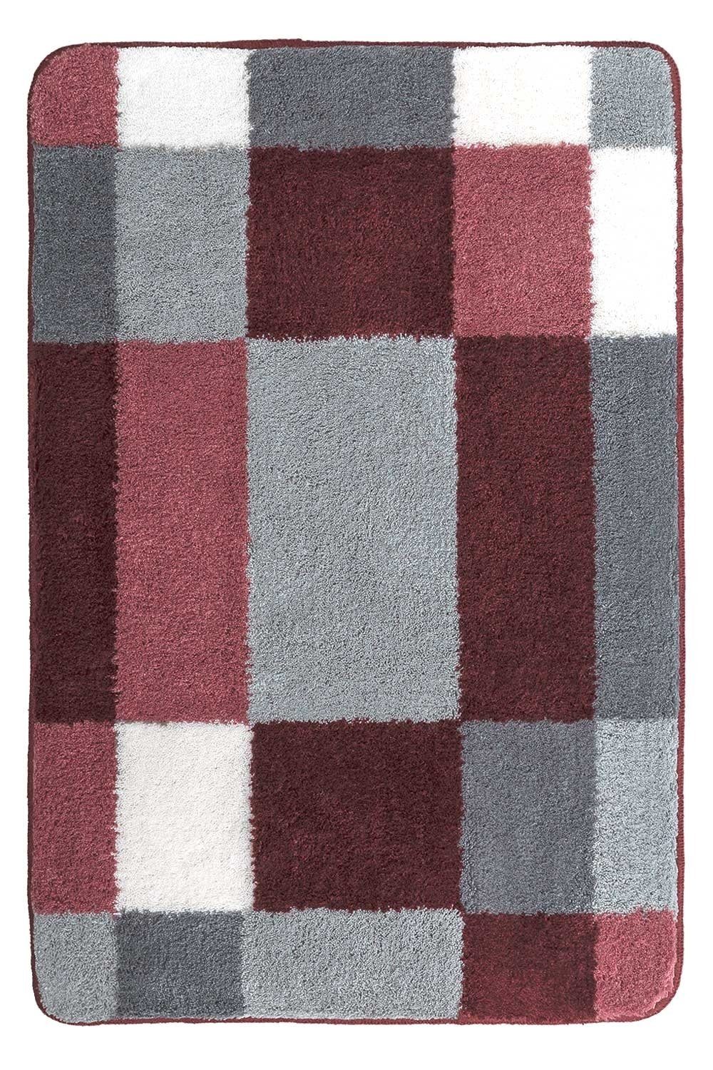 Badematte EDGE, Weiß, Grau, Bordeaux, 90 x 60 cm, Muster, Höhe 20 mm, rutschhemmend beschichtet, fußbodenheizungsgeeignet, Polyacryl, rechteckig, waschbar