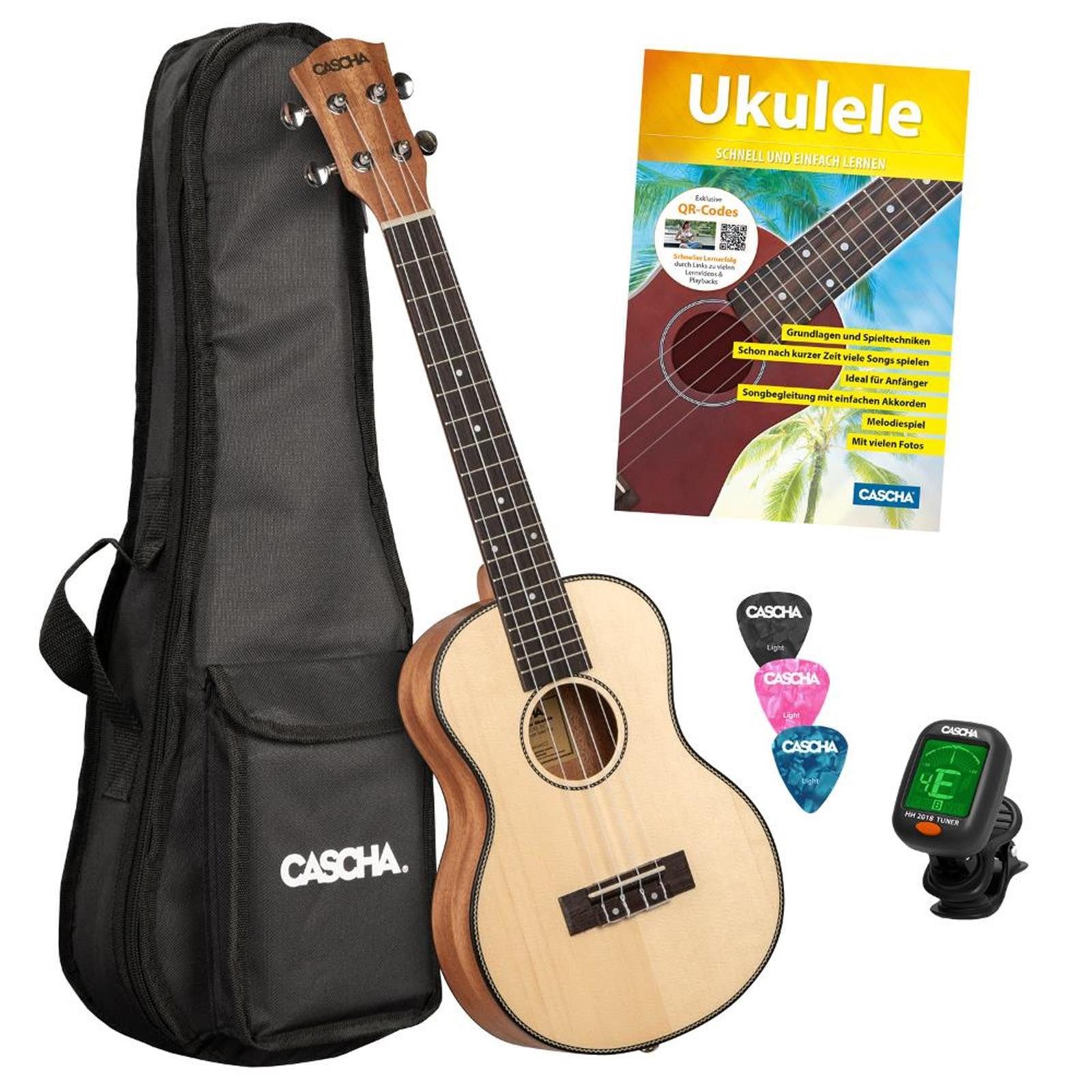 Cascha Ukulele HH2155 Solid Top Tenor Ukulele Bundle, Inkl. Tasche, Lehrbuch, Stimmgerät und 3 Plektren