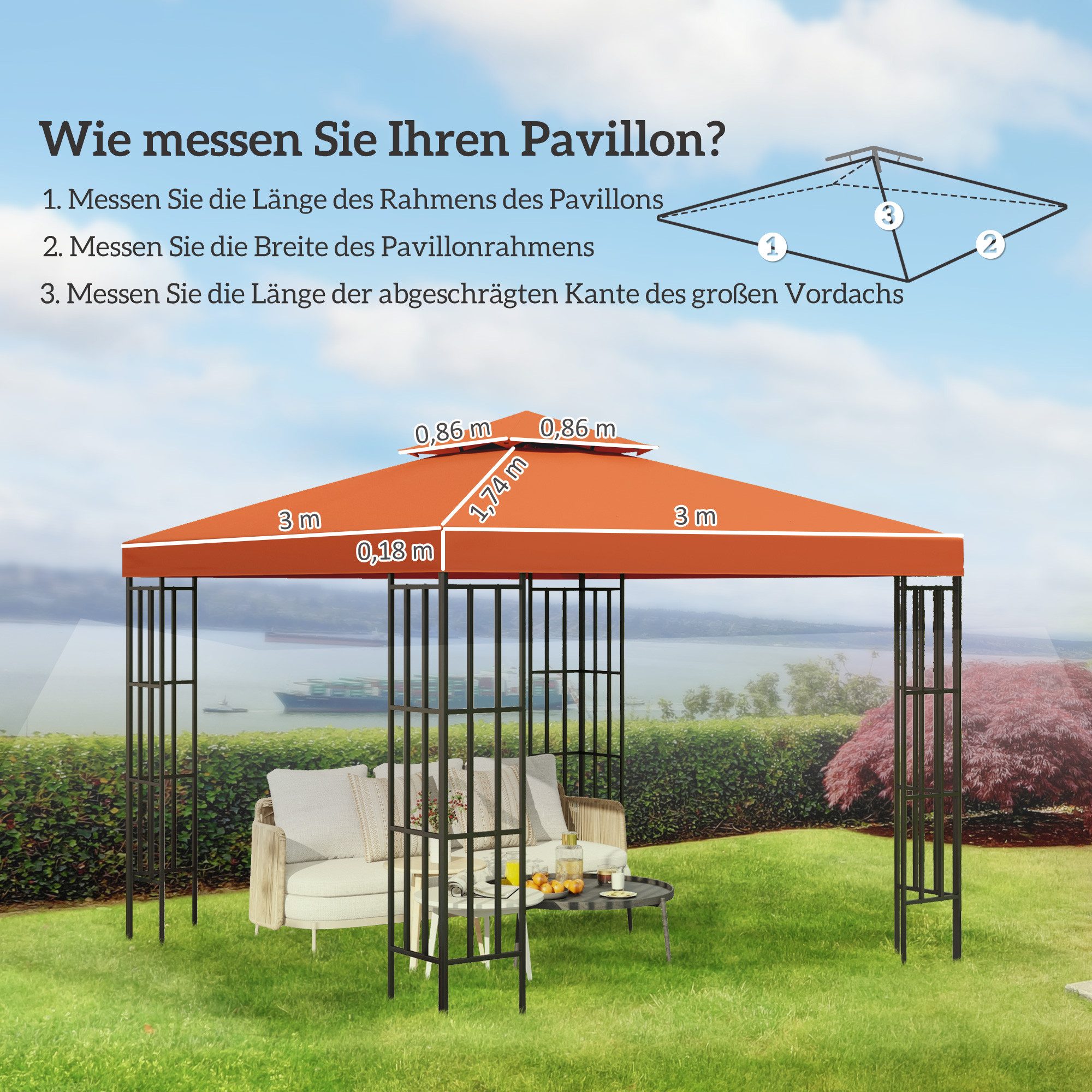 Outsunny Pavillon-Ersatzdach Pavillondach mit Doppeldach, Ablauflöcher, Ersatzbezug, 180 g/m², 300 x 300 cm (Gartenpavillonersatzdach, Ersatzdach), für Garten, Balkon, Rostrot