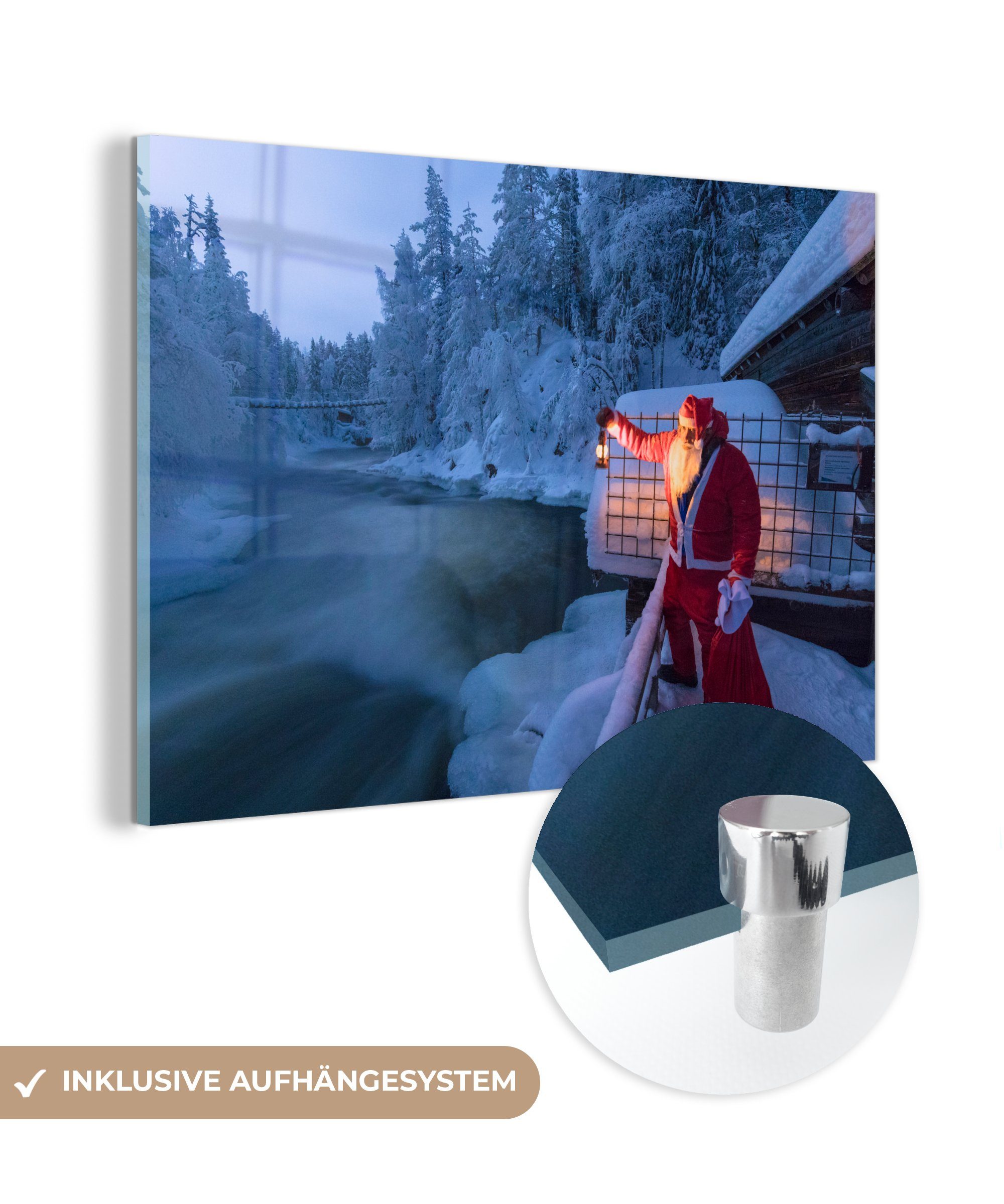 MuchoWow Acrylglasbild Weihnachtsmann mit Laterne an einer kalten Stromschnelle im, (1 St), Acrylglasbilder Wohnzimmer & Schlafzimmer