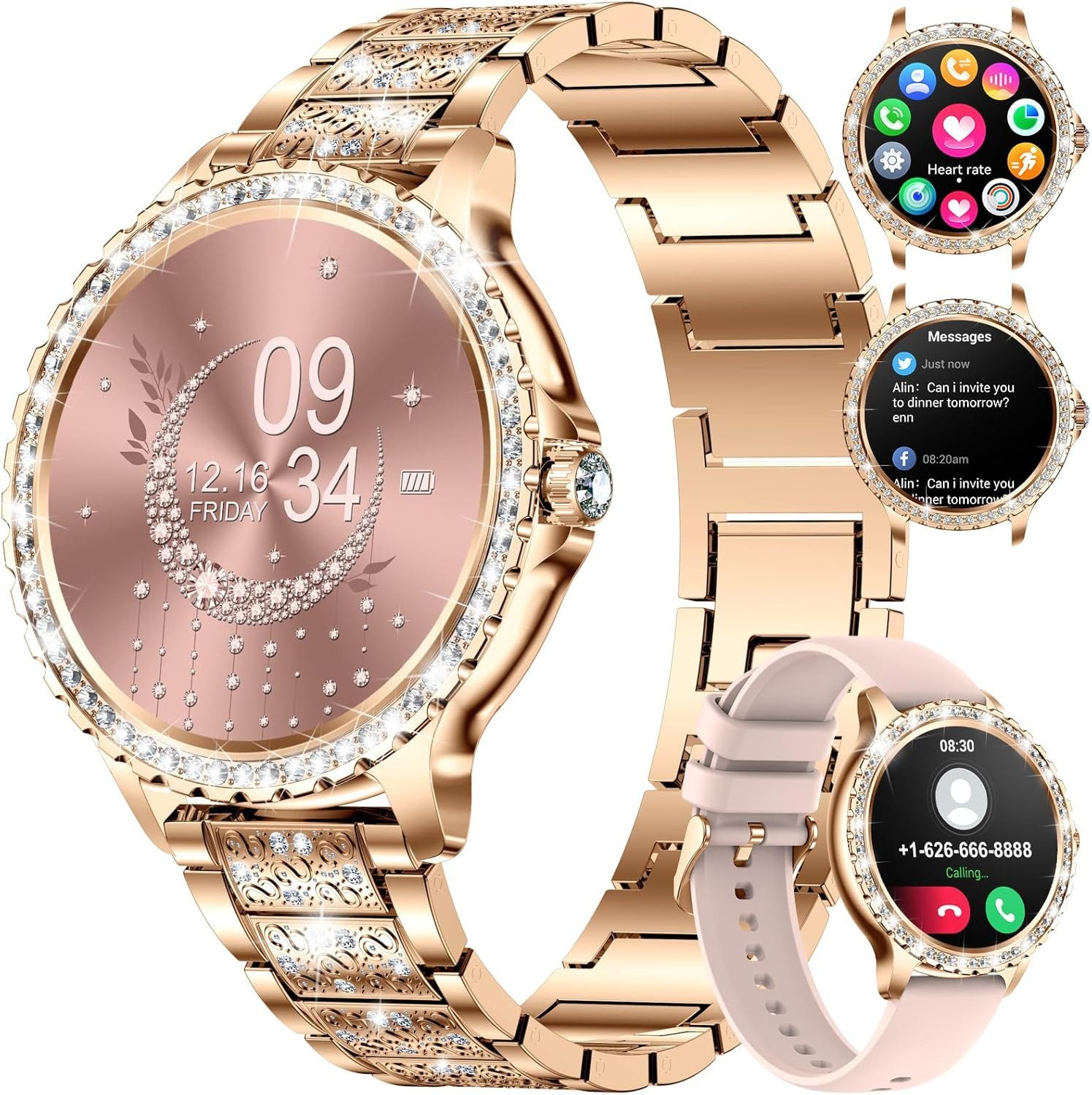 Smartwatch Damen mit Metallband, 1.32 Zoll Fitnessuhr Telefonfunktion Smartwatch