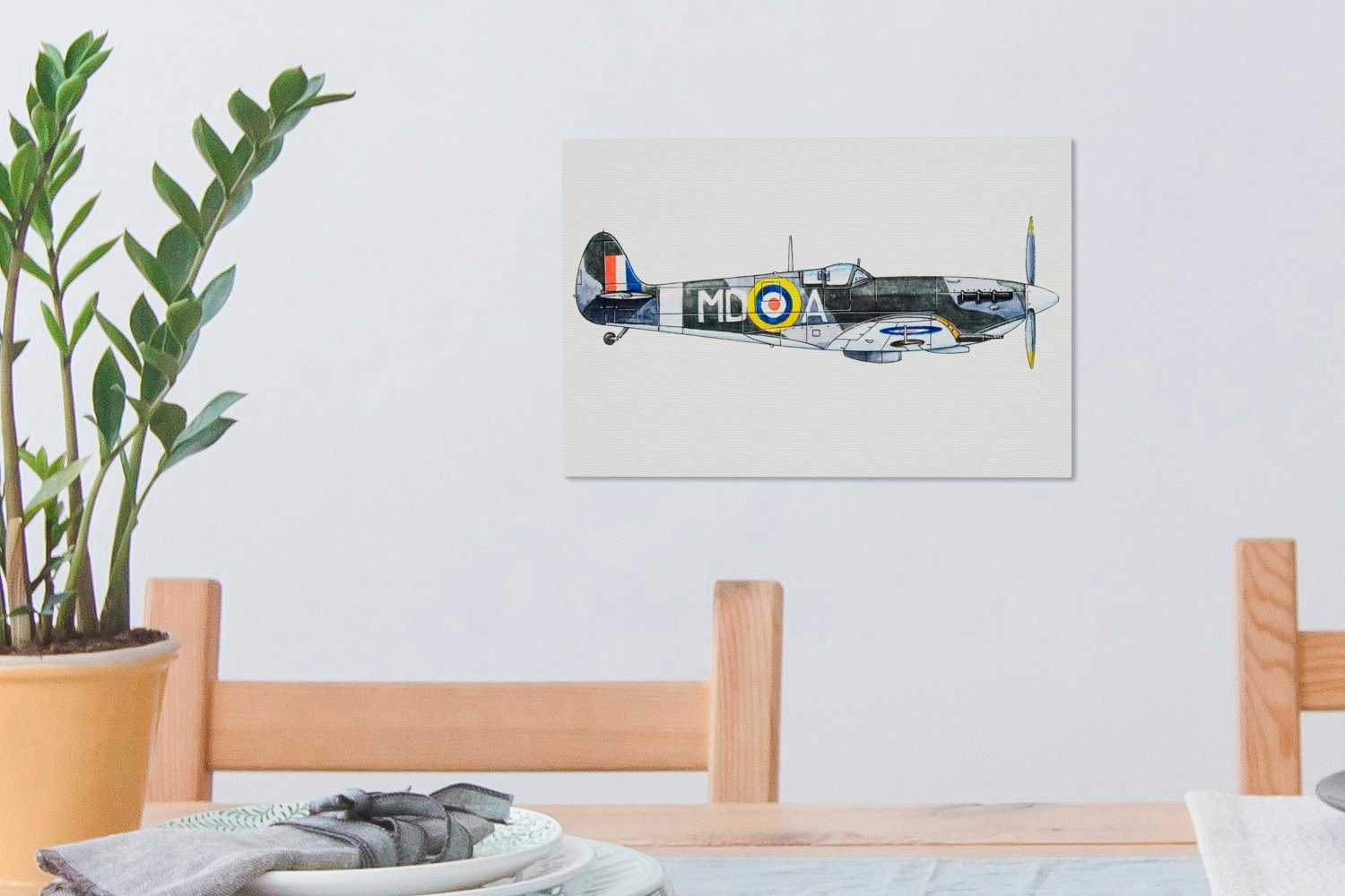 vor cm Leinwandbild weißen Wanddeko, Wandbild Eine Hintergrund, Illustration OneMillionCanvasses® (1 einem St), Leinwandbilder, eines Spitfire 30x20 Aufhängefertig,