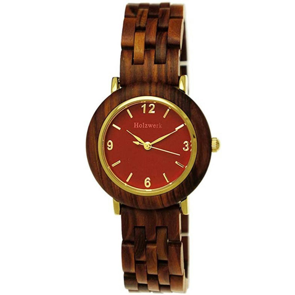 Quarzuhr THALE kleine Damen Edelstahl & Holz Armband Uhr, braun, rot, gold