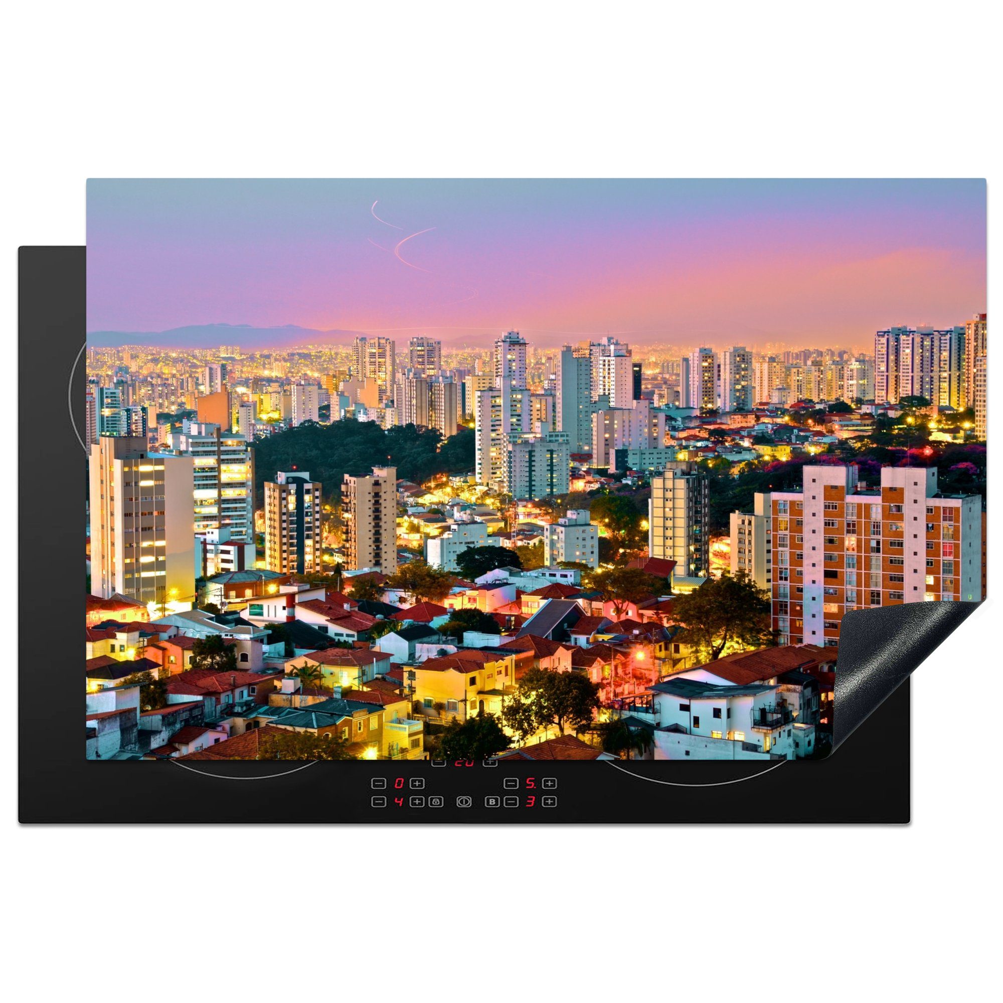 MuchoWow Herdblende-/Abdeckplatte Ein farbenprächtiger Sonnenuntergang über der Stadt São Paulo in, Vinyl, (1 tlg), 81x52 cm, Induktionskochfeld Schutz für die küche, Ceranfeldabdeckung