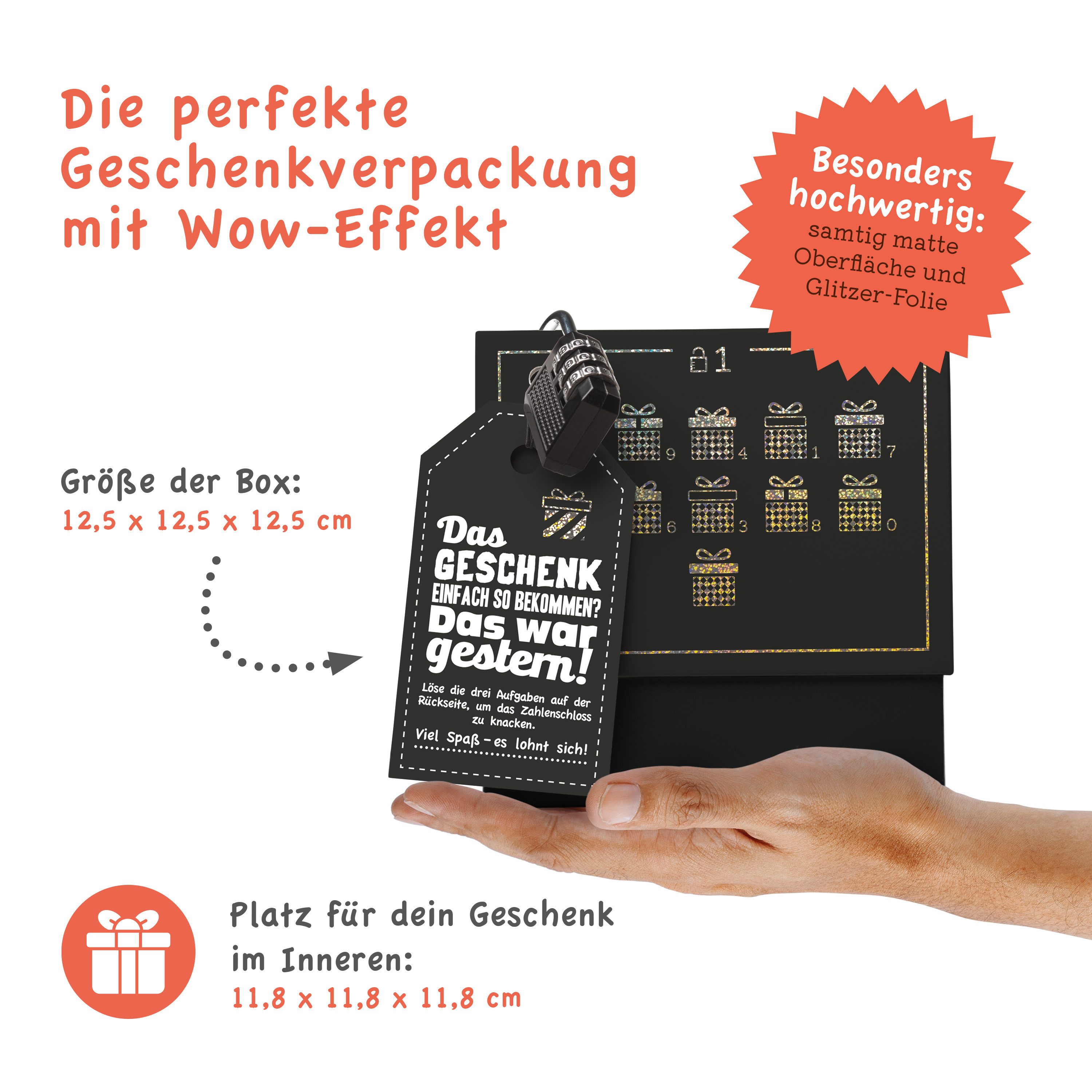 SURPRISA Geschenkbox Rätsel-Geschenkbox Happy Birthday mit Glitzer, originelle Geburtstagsbox mit Zahlenschloss zum Geburtstag