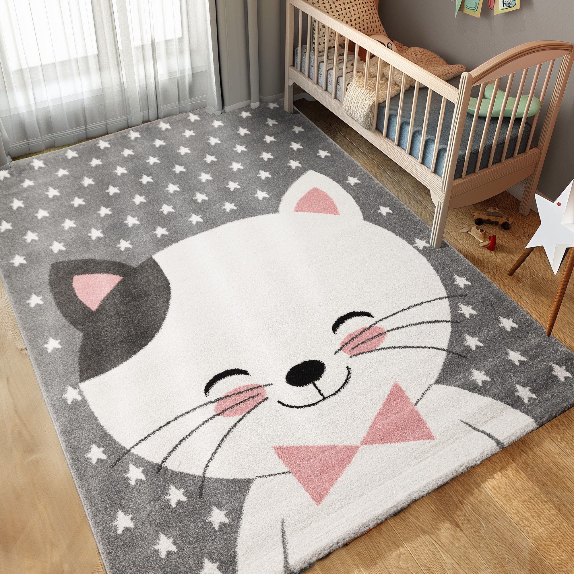 Carpettex Kinderteppich Niedliches Katze design, Rund, Höhe: 11 mm, Kinderteppich Katze Design Rosa Baby Teppich Kinderzimmer Pflegeleicht