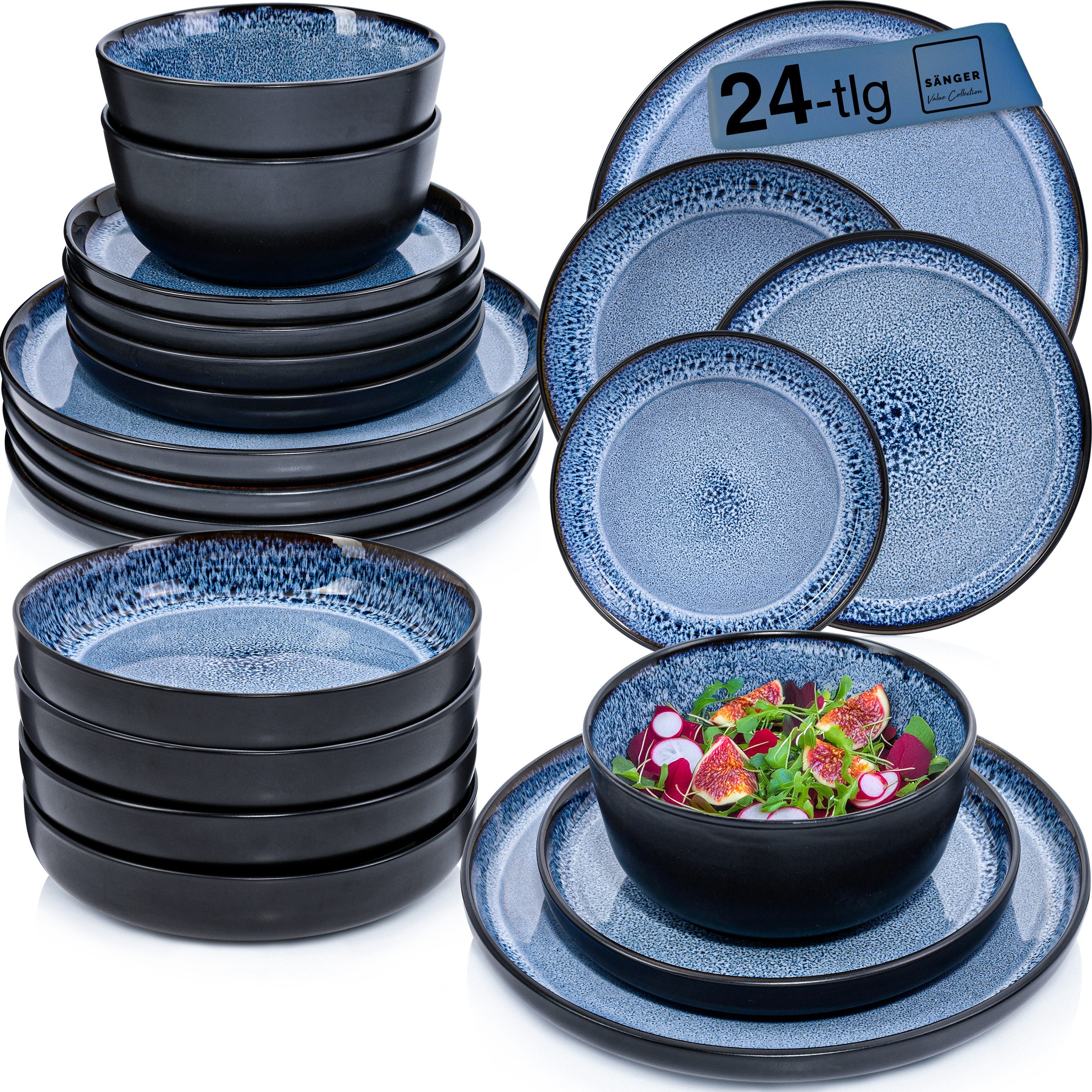 SÄNGER Tafelservice Aruba Geschirrset (24-tlg), 6 Personen, Steingut, blau mit schwarzem Rand, Handmade, Erweiterbar, VALUE COLLECTION