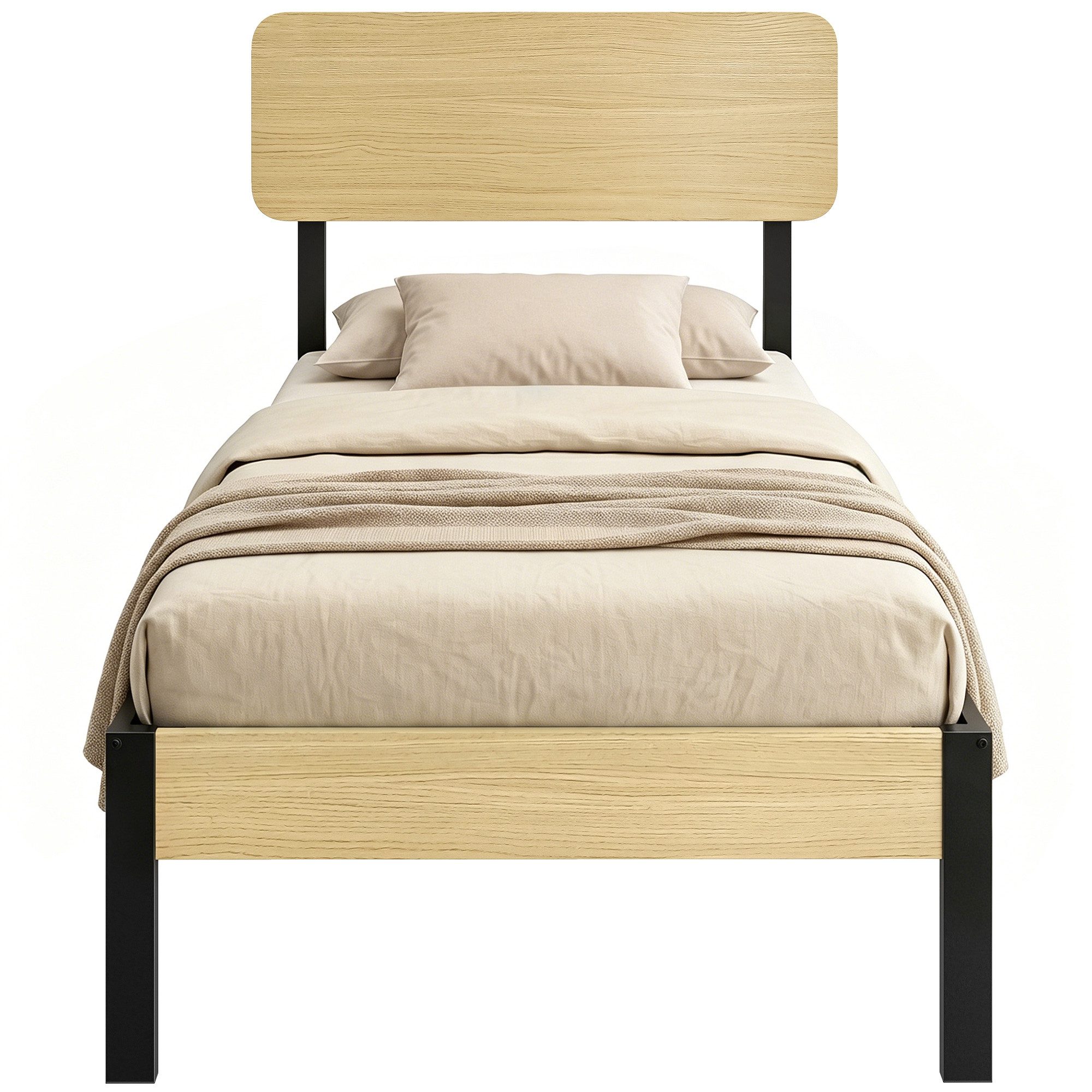 HOMCOM Bettgestell Bett 90 x 200 cm mit Kopfteil, Lattenrost, Unterbettaufbewahrung (Set, 1-tlg., Einzelbett), für Schlafzimmer, Gästezimmer, Natur – Bild 2 von 5