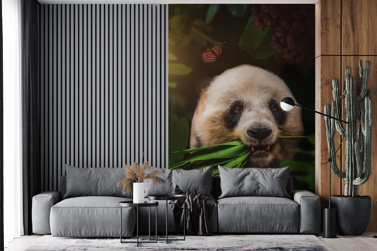 Vinyl Tapete (3 Matt, Montagefertig Dschungel, Wohnzimmer, - bedruckt, - St), MuchoWow Schmetterling Wandtapete Panda für Fototapete