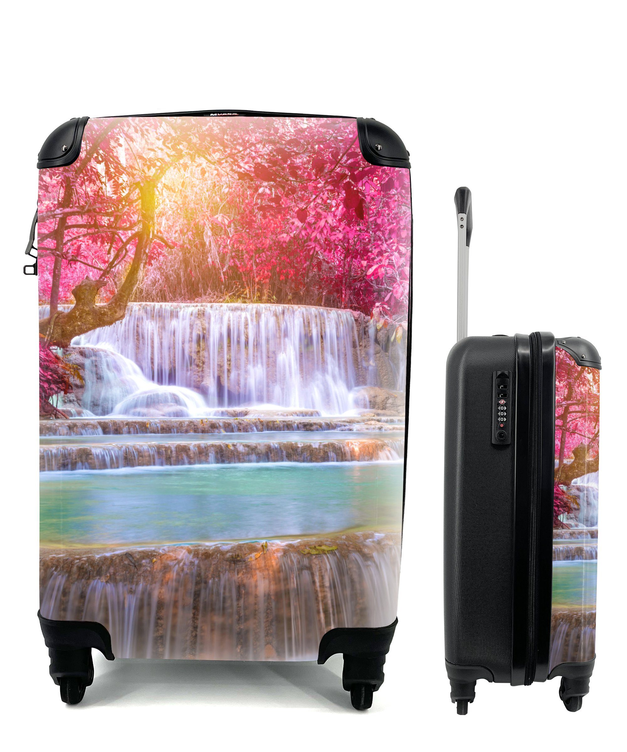 MuchoWow Handgepäckkoffer Wasserfall - Regenbogen - Bäume - Rosa - Natur, 4 Rollen, Reisetasche mit rollen, Handgepäck für Ferien, Trolley, Reisekoffer