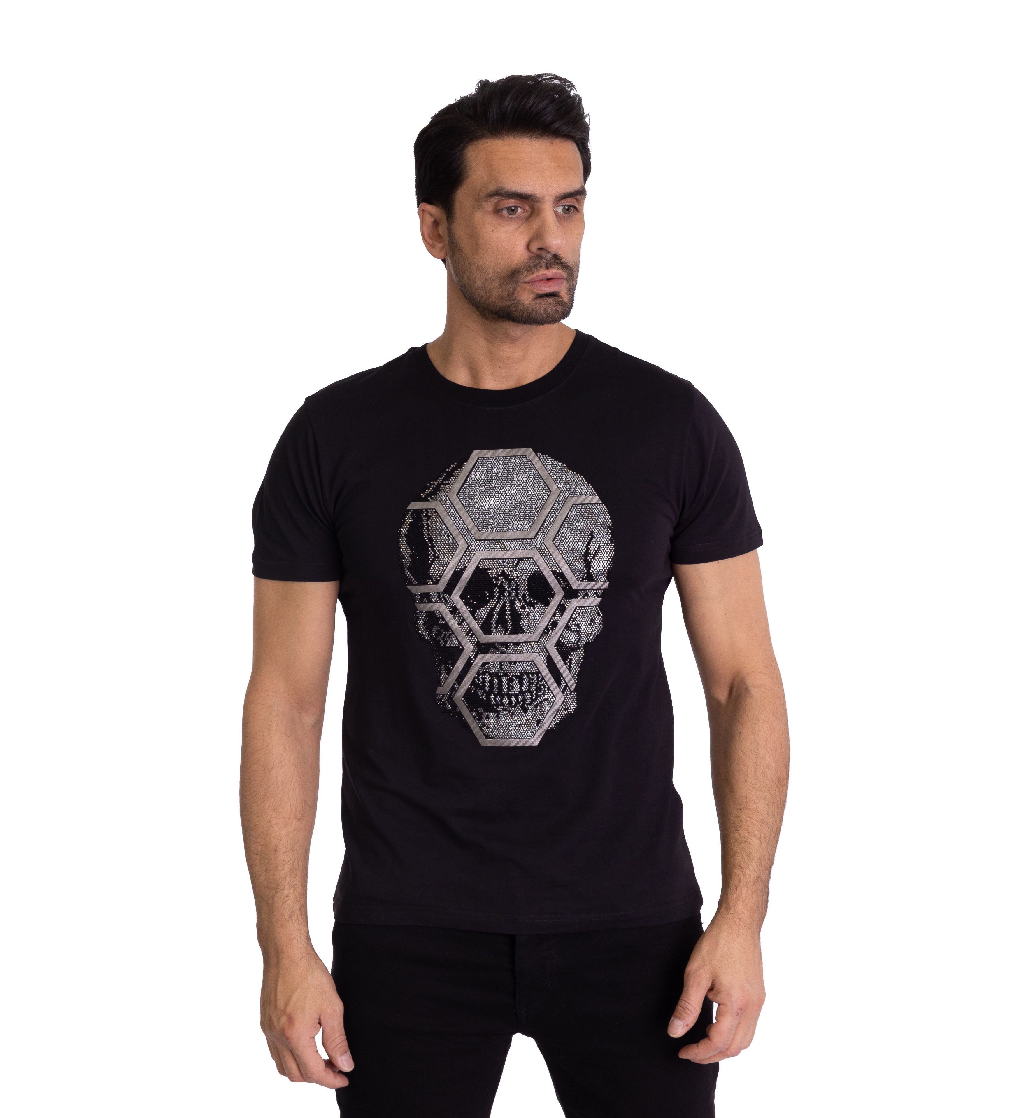 TRUENO T-Shirt Herren Strass Totenkopf T-Shirt Slim Fit Schwarz L günstig online kaufen
