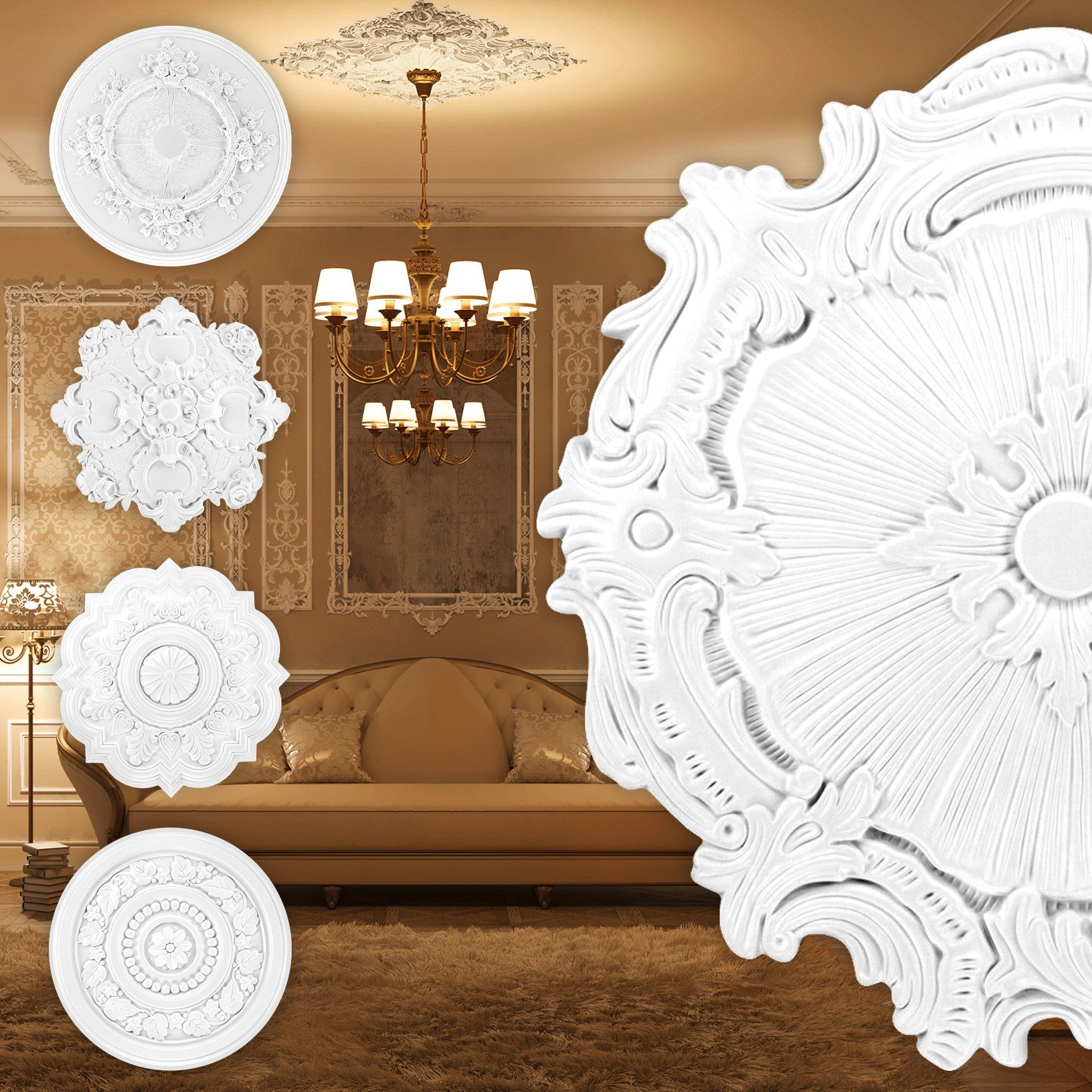 Grand Decor Decken-Rosette (Stuckrosette aus PU hartschaum, weiß, Zierelement, Stuck, Dekorbau Wand Deckenstuck Lampe Wandstuck rund)