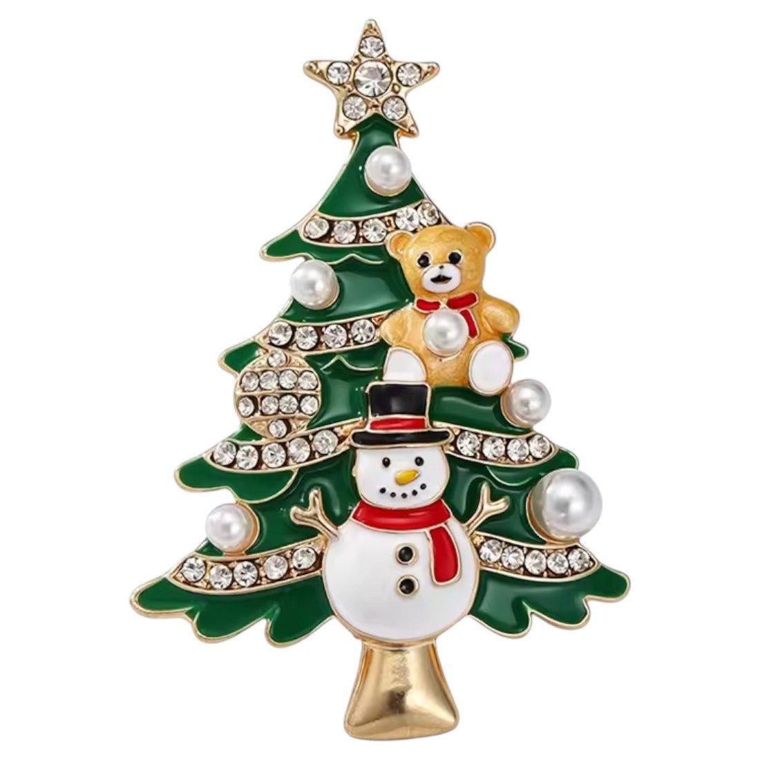 Dark-Desires Brosche Weihnachtsbaum Brosche festlich geschmückt mit Schneemann & Teddybär, Damen Brosche vintage Accesssoire retro Anstecknadel