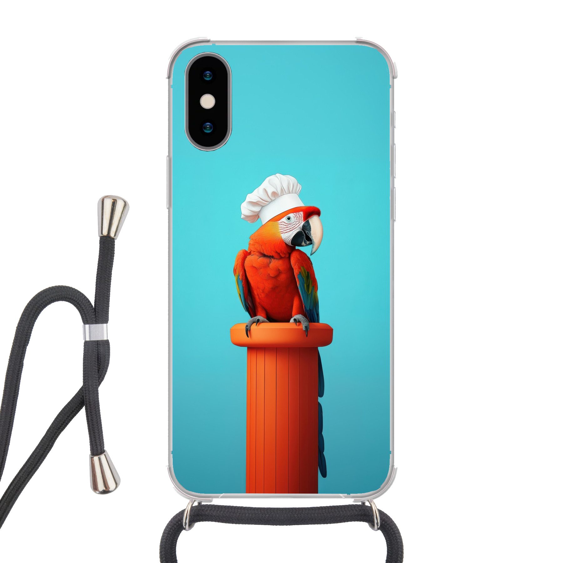 MuchoWow Handyhülle für Apple iPhone X Ara - Kochmütze - Sockel - Lustig, Tragbare Handyhüllen mit Kette zum umhängen, Handykette Handyband