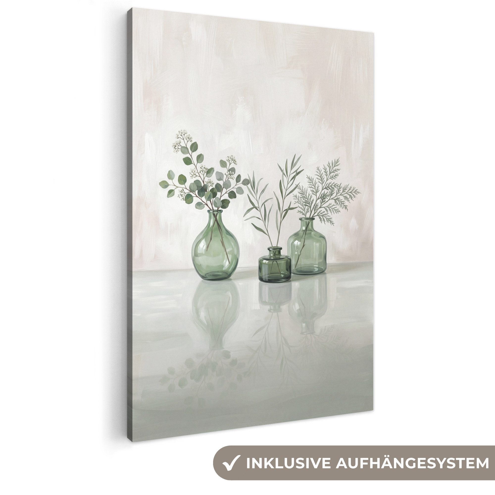 OneMillionCanvasses® Leinwandbild Vasen - Blätter - Grün, Fotodruck (1 St), Bilder groß Wohnzimmer Schlafzimmer 80x120 cm