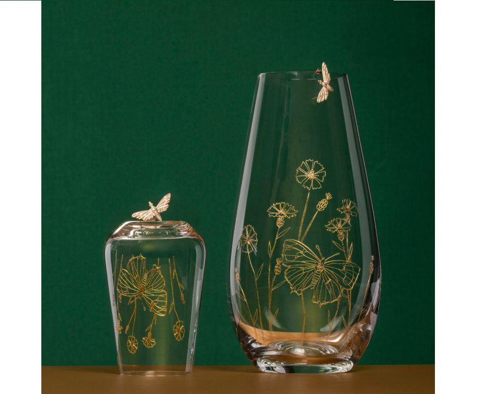Crystalex Longdrinkglas Longdrinks Wassergläser Wild Flowers Schmetterling, 6-tlg., Kristallglas, Pantografie in Gold mit Schmetterling, Kristallglas, 6er Set, 380 ml