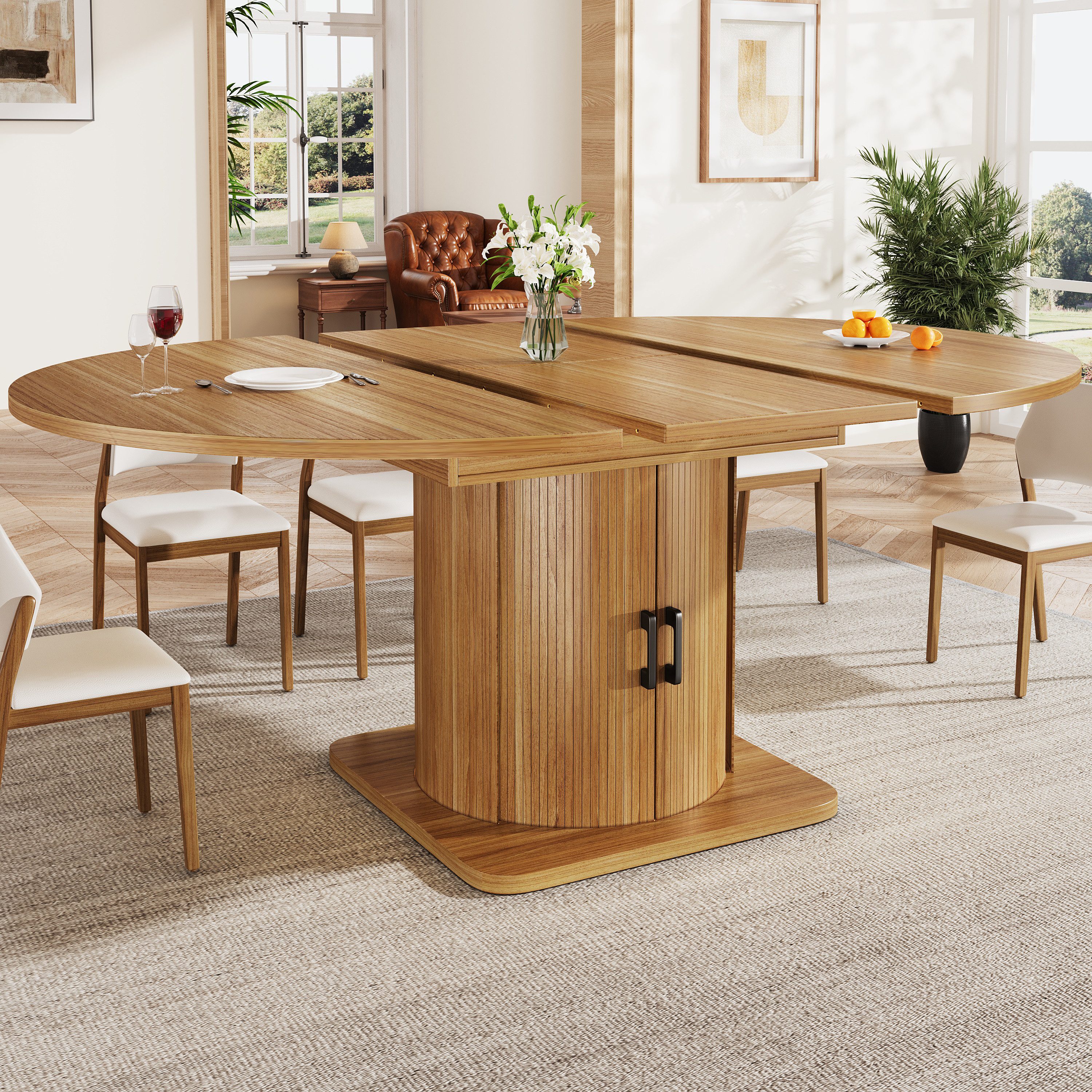 Celya Esstisch Esszimmertisch, Küchentisch, Runder Esstisch, ausziehbar (Platz für bis zu 6 Personen, Esstisch mit Schubladen), ideal für kleine Wohnungen, Homeoffice, Familienessen