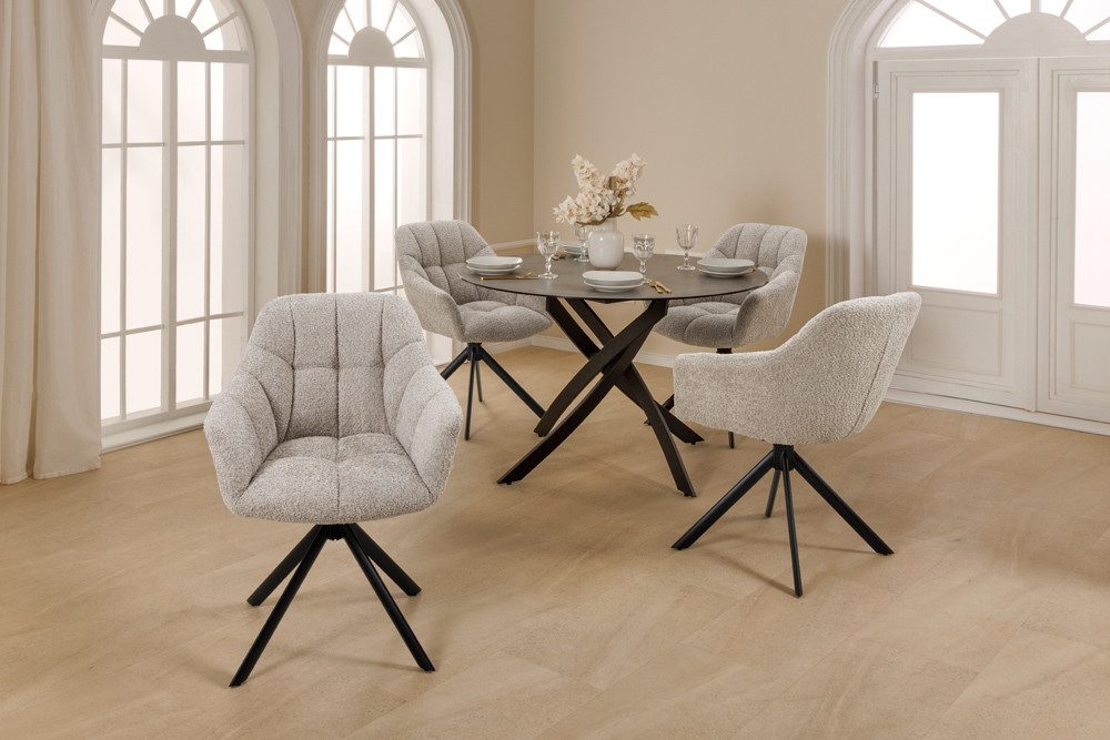 riess-ambiente Polsterstuhl PAPILLON greige/schwarz – Bouclé-Bezug, mit Armlehne, Metall (Einzelartikel, 1 St), 180° drehbar & automatischer Rückführung – ideal für Esszimmer & Büro