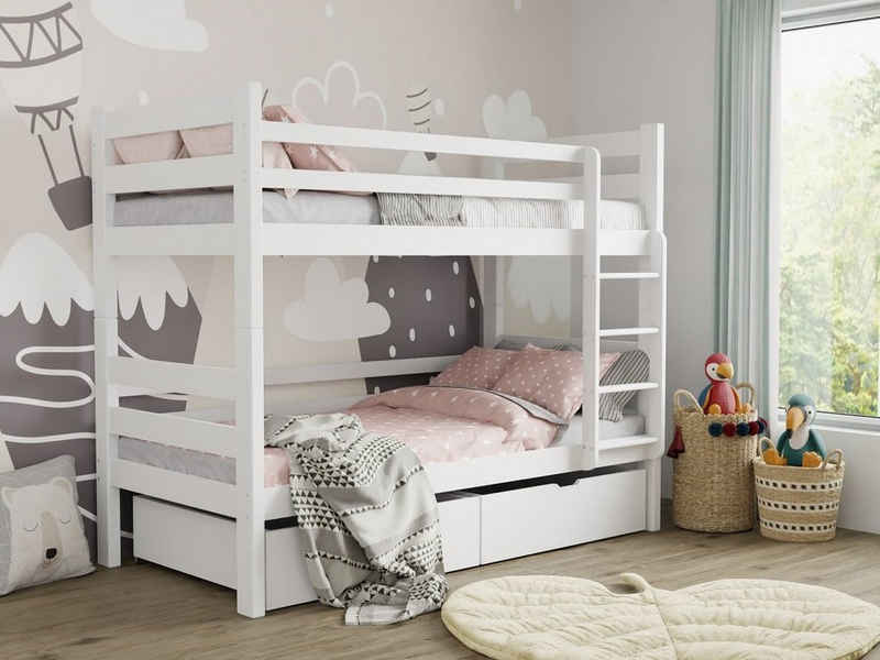 Deine Möbel 24 Etagenbett Hochbett PIA für 2 Kinder 90x200 Weiß Aschgrau aus Massivholz (Set, Kinderbett mit Lattenrost, inkl. Rausfallschutz oben), in 2 Kinderbetten umbaubar, mit Schubladen, mit Matratzen optional