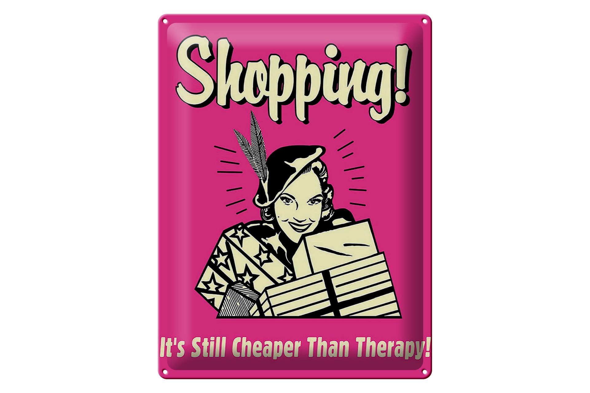 Femer GmbH Metallschild Retro 30x40 cm Shopping Its still cheaper than therapy, (1 St), gewölbte Oberfläche, abgerundete Ecken, umgeschlagene Kanten