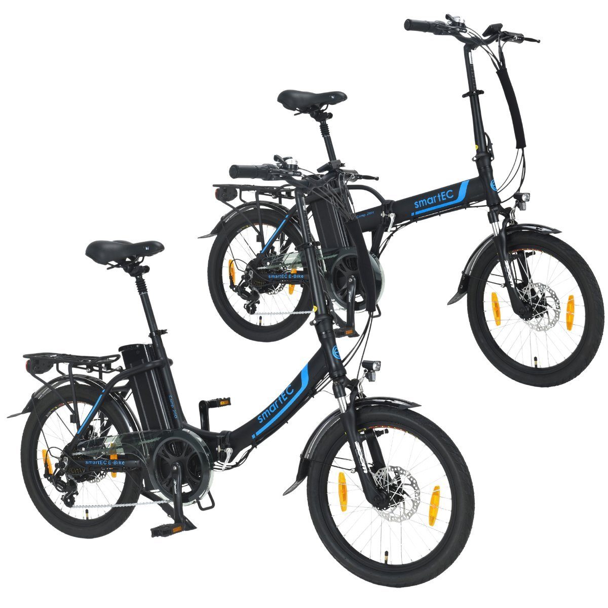 smartEC E-Bike 20 Zoll Klapprad Scheibenbremse 25 km/h Set), Tourney + StVZO Gang Camp-20D Anfahrhilfe Wh Camp-20H Unterstützung (2er Kettenschaltung, Schaltwerk, Akku,Batterie, Shimano Schwarz, 562,00 Damen/Herren 7 Hinterrad-Nabenmotor