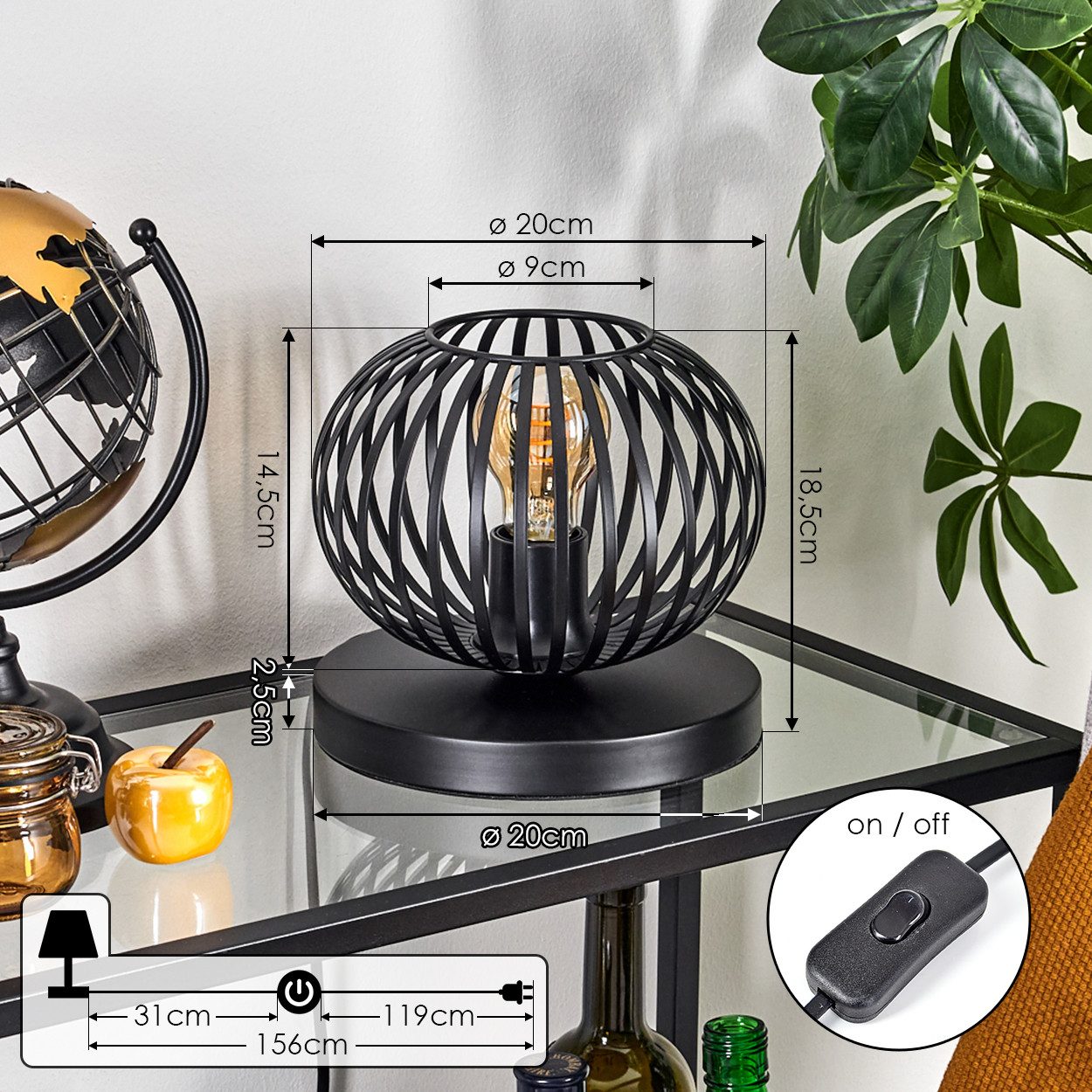 hofstein Tischleuchte Tischlampe aus Metall in Schwarz, ohne Leuchtmittel, Retro Gittschirm Leuchte (20cm), Schalter, 1 x E27, ohne Leuchtmittel