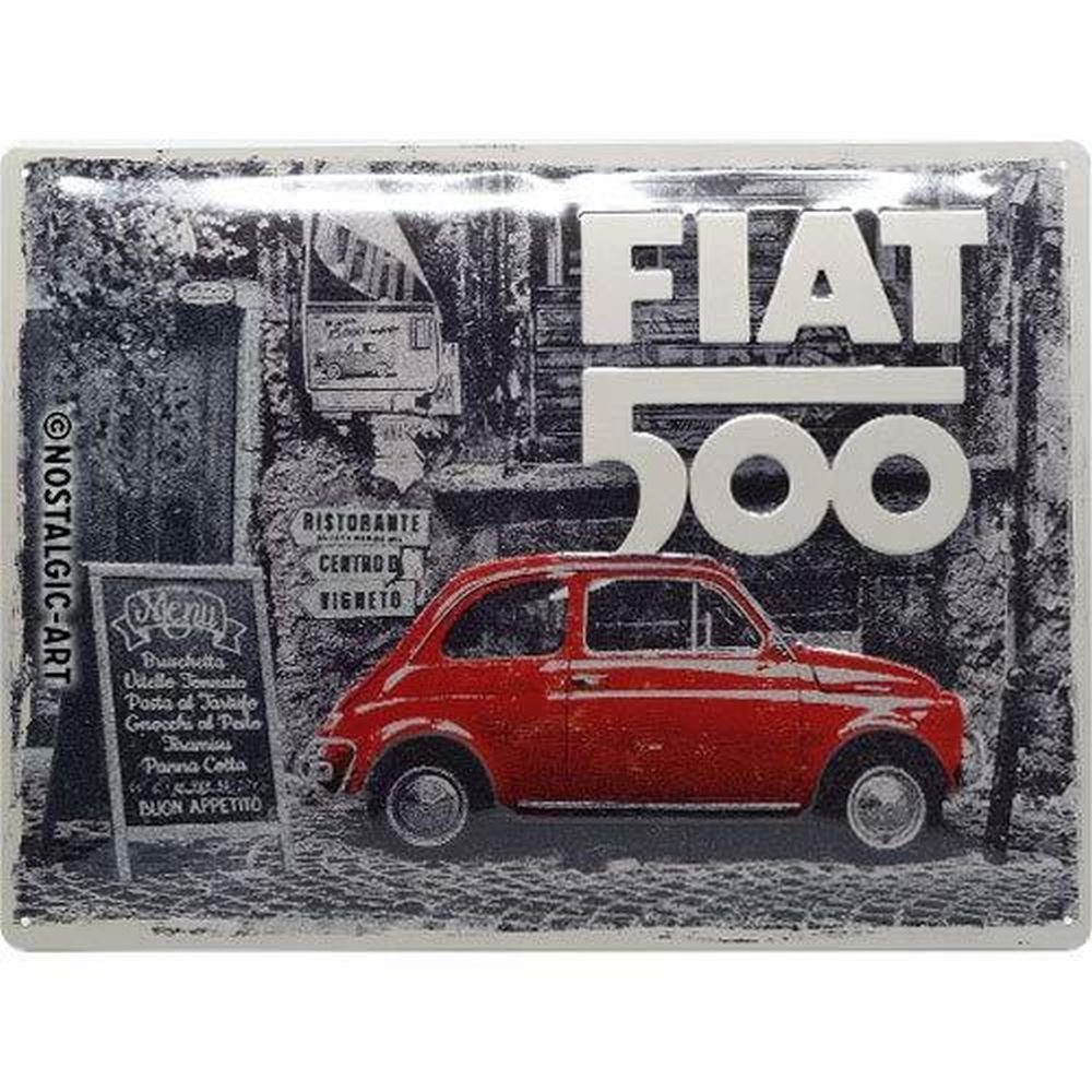 Nostalgic-Art Metallschild Blechschild 30 x 40 cm - FIAT - Fiat 500 Red Car in the Street
